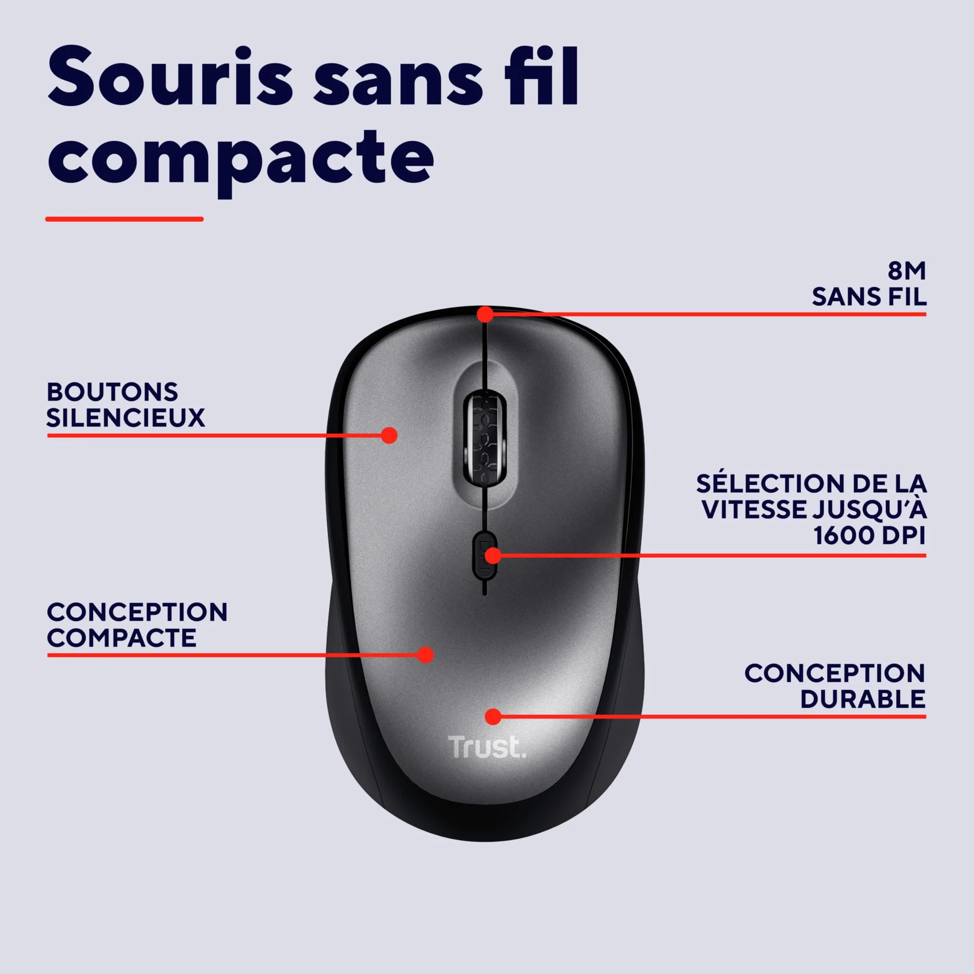 Trust Souris sans Fil Silencieuse 800-1600 DPI Plastique Recyclé Récepteur USB Stockable Compacte pour Ordinateur Portable PC Mac Noir