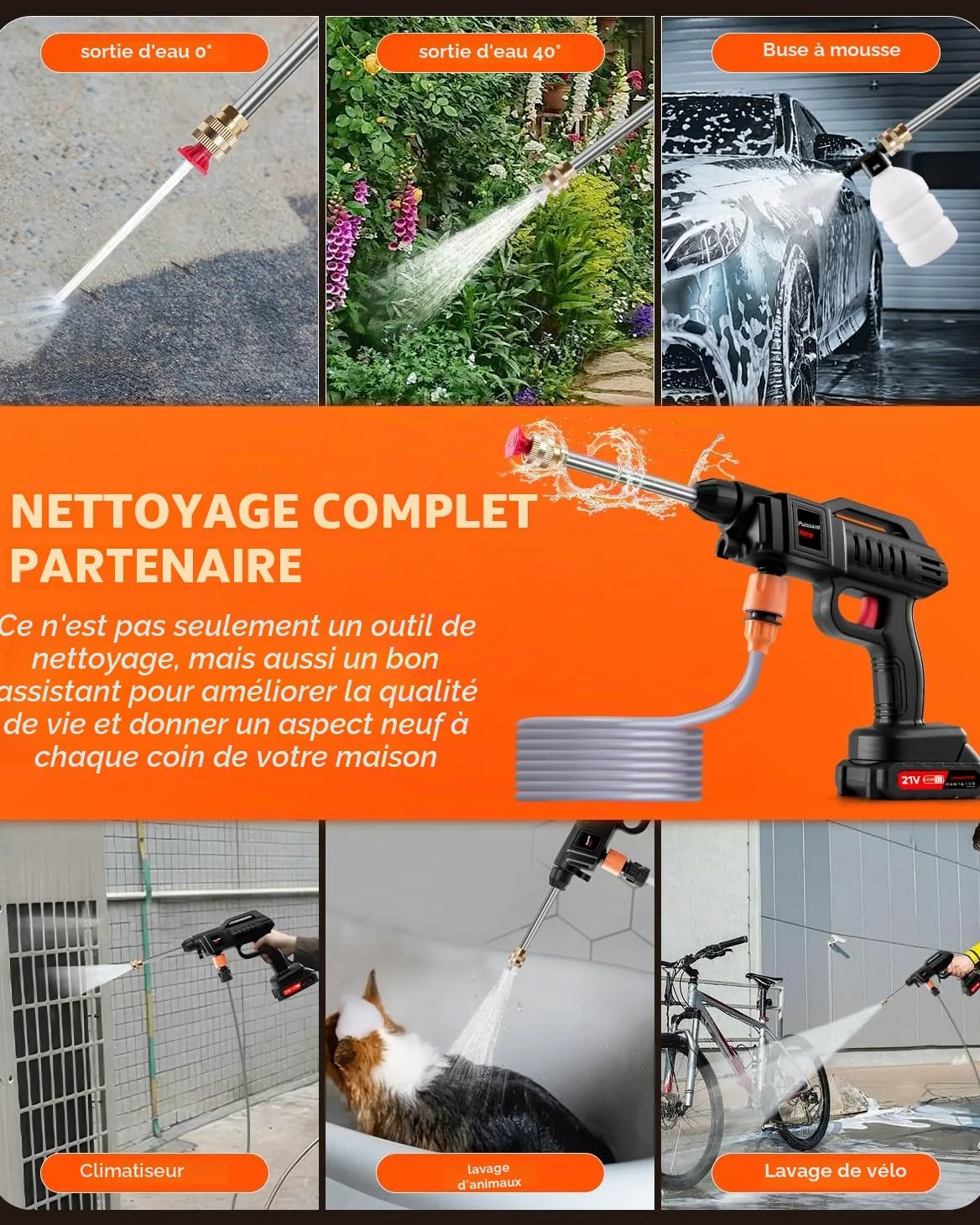 Nettoyeur Haute Pression avec Batterie,1500w,60Bar,21 V buse Multifonction 3 en 1,Nettoyeur Haute Pression Portable,avec 2 Buses,2 Batteries,Tuyau de 5m,Nettoyeur Haute Pression(Pas de Seau)