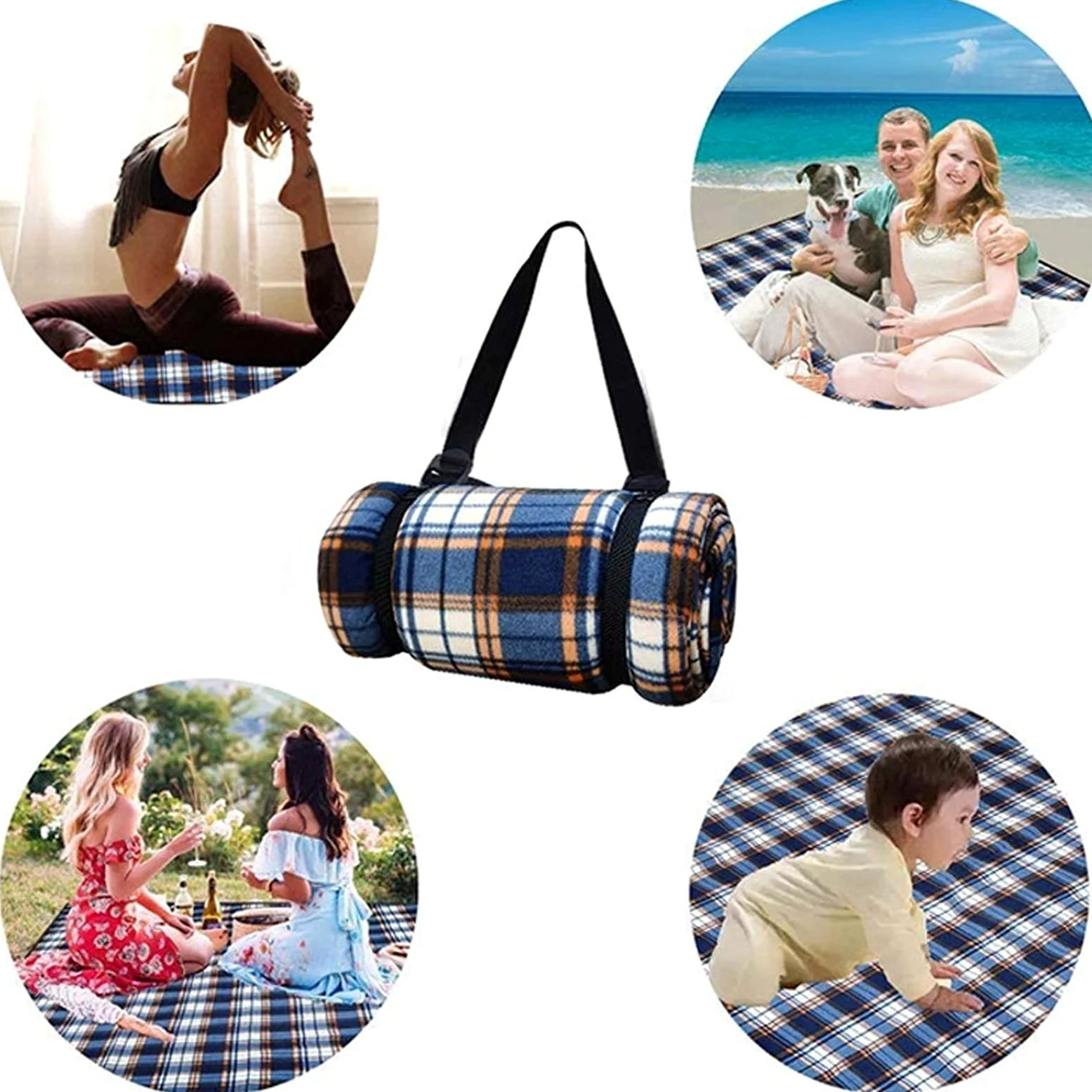 Couverture Pique Niques Imperméable, Portable Tapis Pique Niques, Nappe Picnic Natte de Plage pour Jardin Camping Extérieur (Color : Blue Grid, Size : 150x200cm)