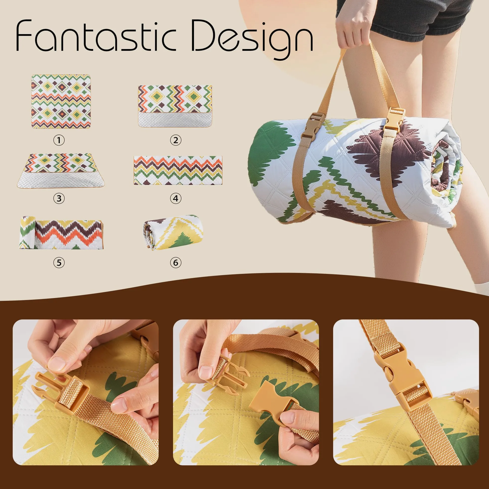 ACUSHLA Couverture de plage et de pique-nique 200 x 200 cm, imperméable et lavable, tapis de plage avec sangle de transport, parfaite pour la plage, le camping et les pique-niques, couverture de