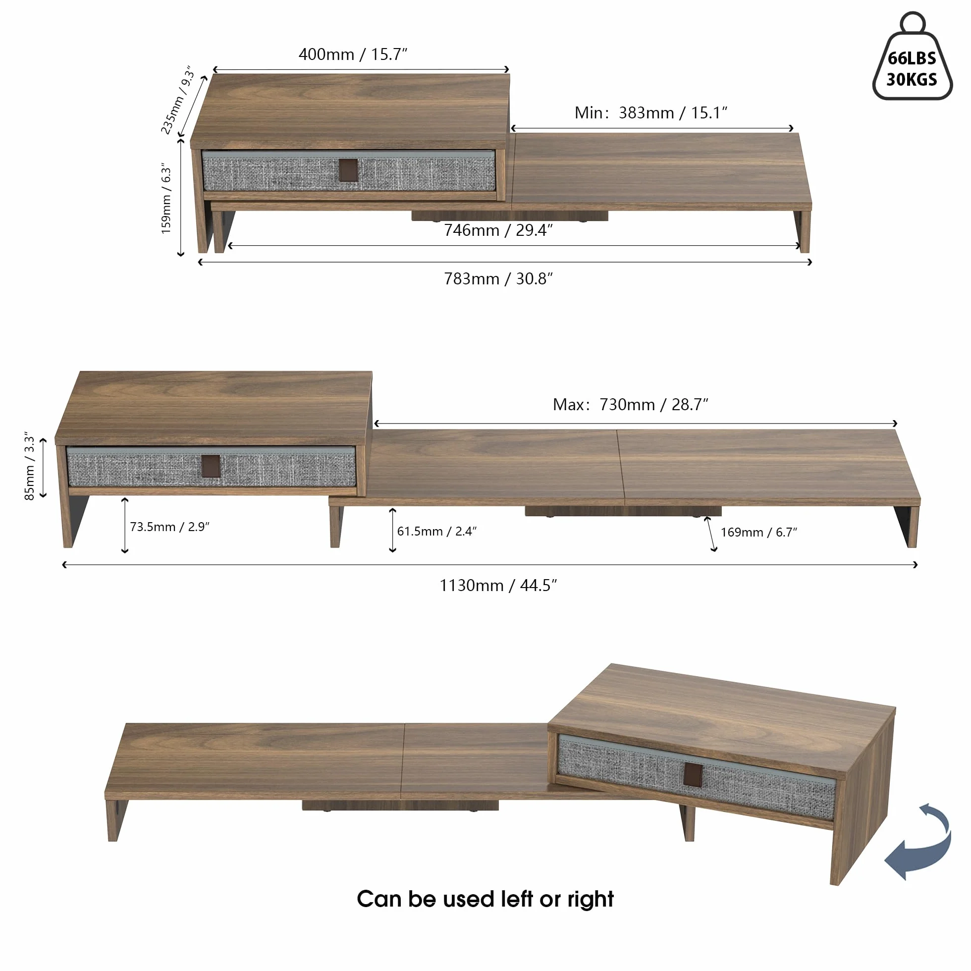 Fenge Réhausseur d'Écran en Bois, Support de Moniteur Réglable pour 2 Moniteurs avec Tiroir de Stockage, 78,3–113 x 23,5 x 7,3 cm (Marron)