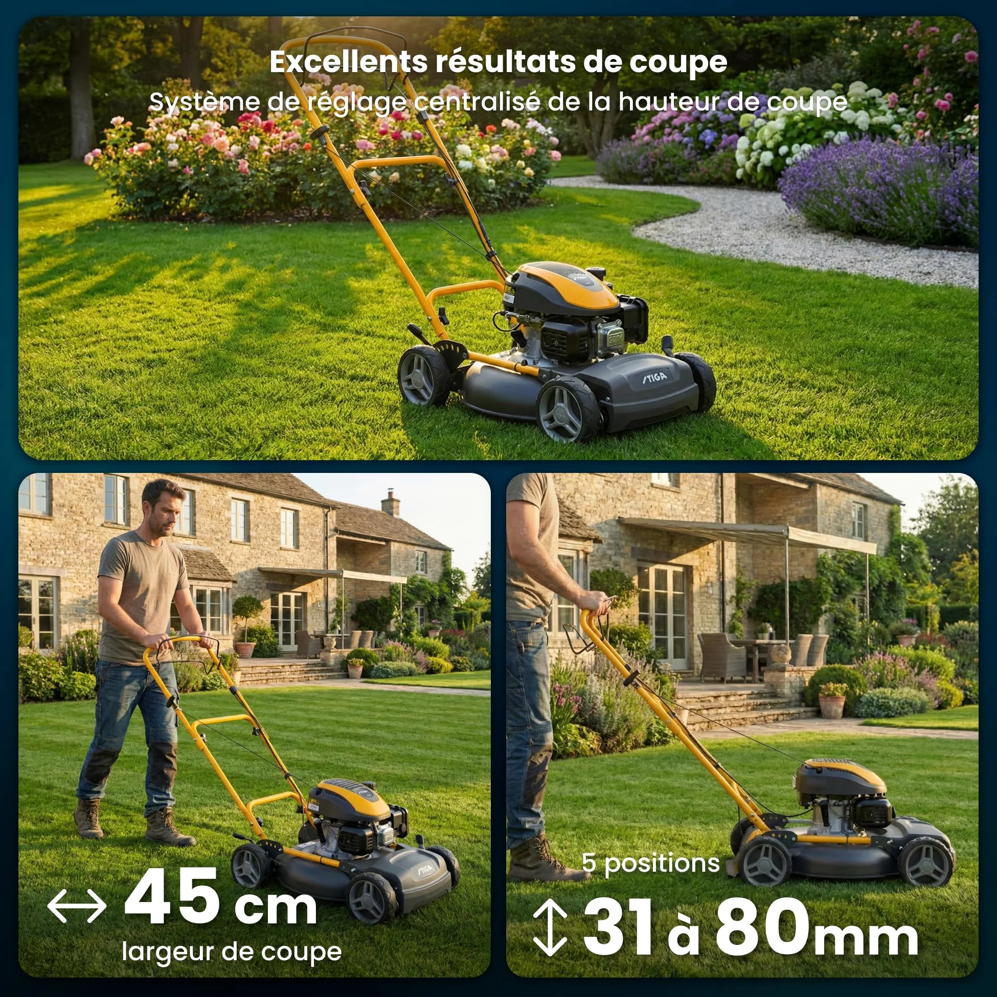 STIGA Multiclip 47 S Tondeuse à Essence, Tondeuse à Gazon broyeuse automotrice avec Moteur 123 CC, Plateau de Coupe 45 cm, 5 tondeuses Thermiques, Guidon Ergonomique Rabattable.