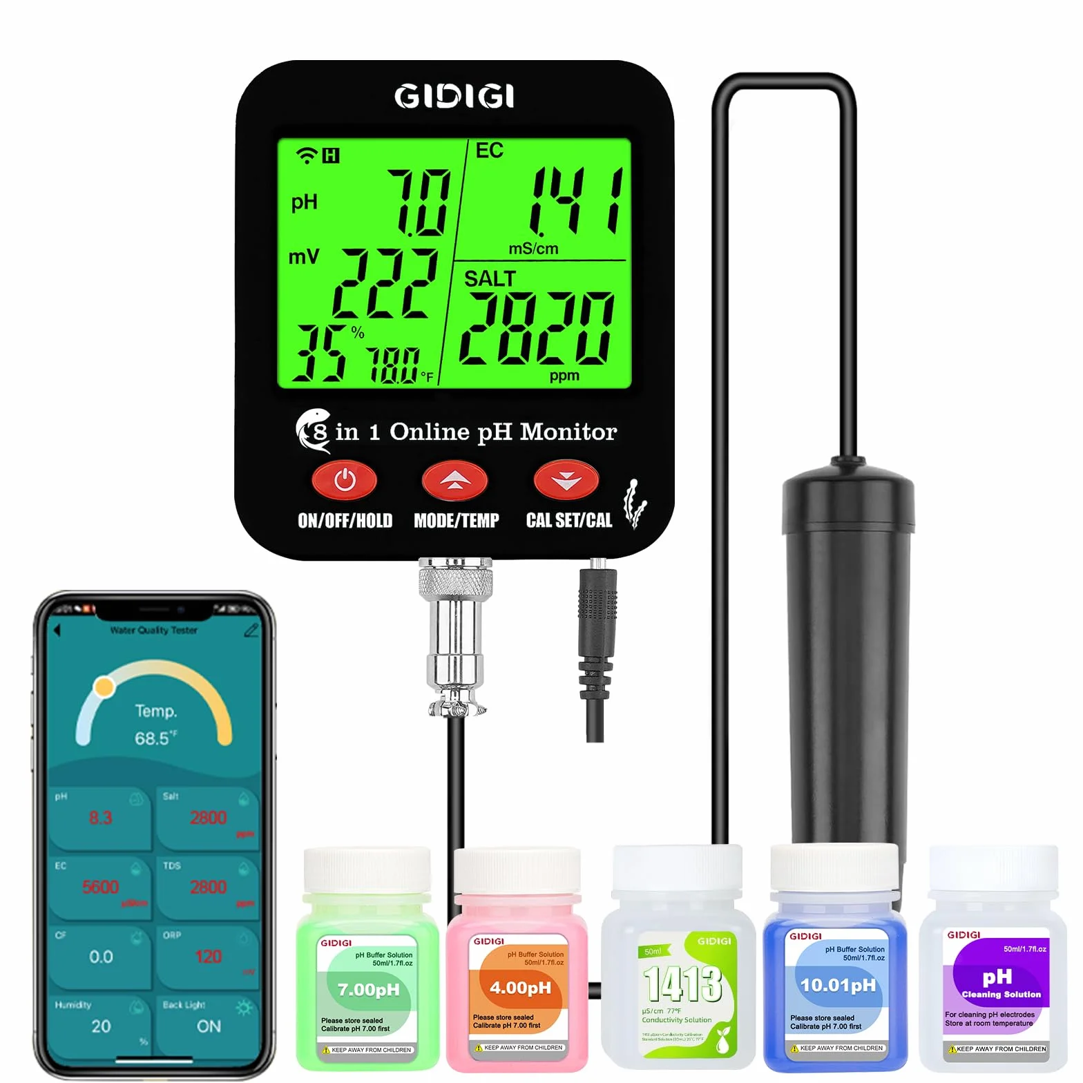 Testeur intelligent WiFi 8 en 1 de pH/EC/CF/TDS/salinité avec ORP | moniteur de nutriments hydroponiques et testeur sel et de pH pour aquariums, bassins et systèmes hydroponiques