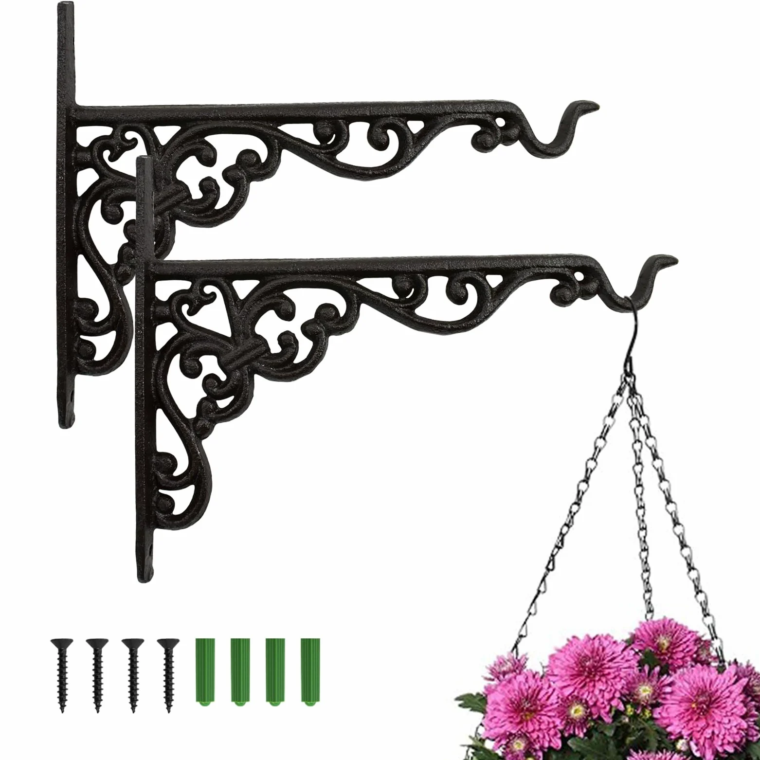 Lot de 2 supports de plante à suspendre de 25 cm, crochets muraux en fer forgé pour intérieur et extérieur, crochets muraux pour mangeoire à oiseaux/lanterne carillons éoliens