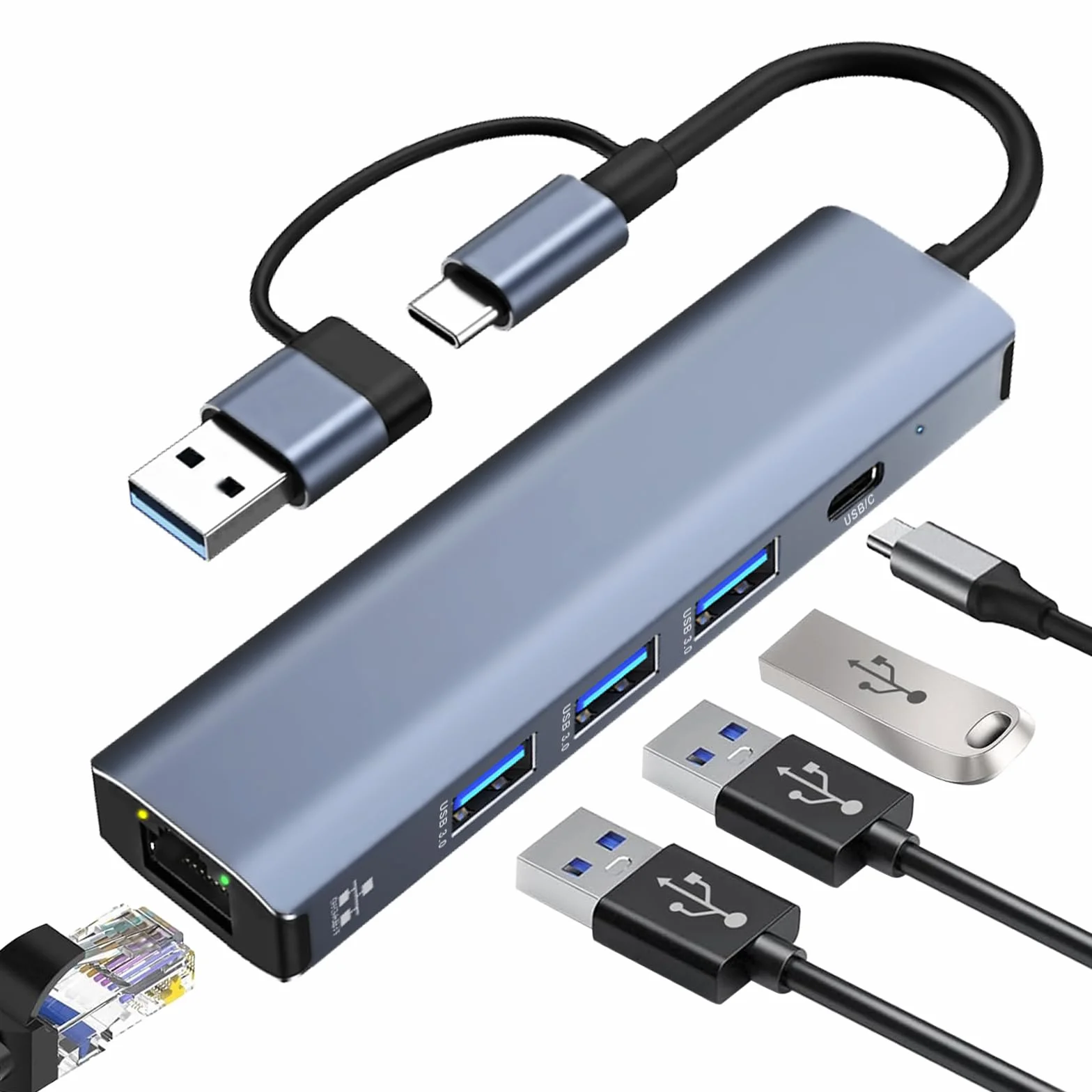 Adaptateur USB Ethernet 1000Mbps Hub Type-C 3.0 vers RJ45 Gigabit avec 3 Ports USB 3.0 et 1 Type-C