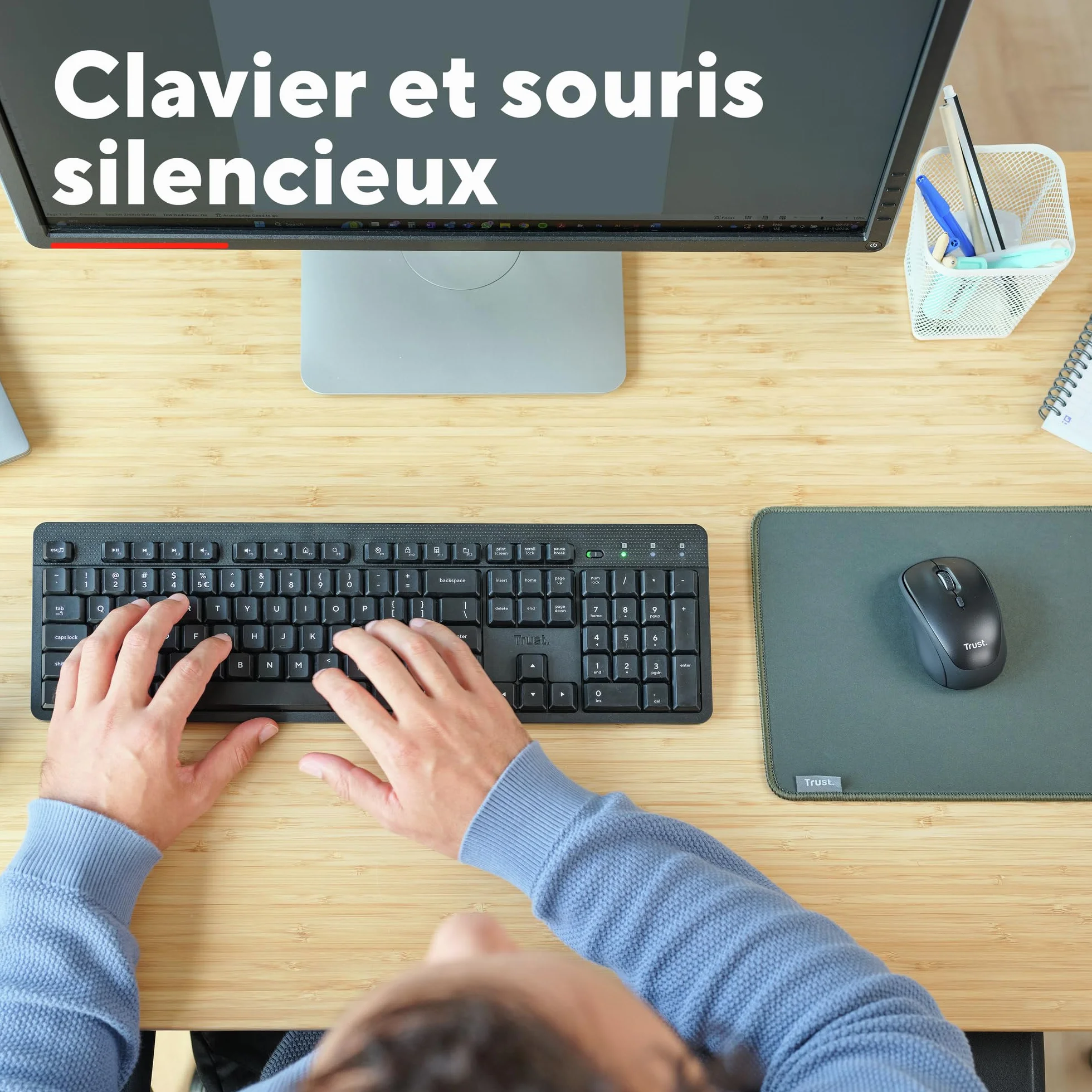 Trust Ymo II Pack Clavier et Souris sans Fil AZERTY Français Silencieux, Résistant aux Éclaboussures, Récepteur USB Unique, Noir