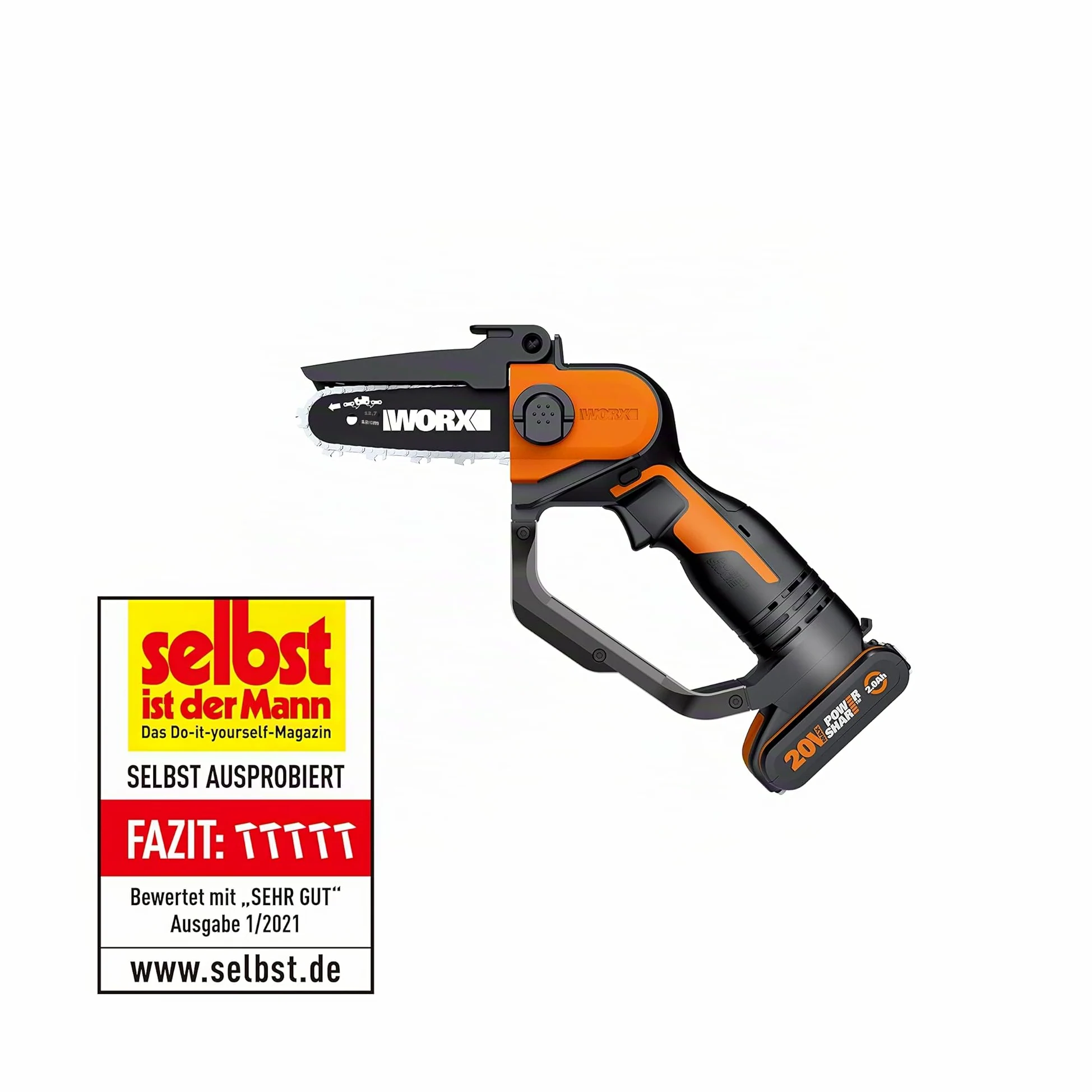 WORX Tronçonneuse Sans Fil WG324E.1 20V Max guide 5"/12cm avec Perche 125cm | Réglage Sans Outil Mini-tronçonneuse/Élagueuse,Perche Télescopique,PowerShare 2.0Ah Batterie et Chargeur Inclus pour Élagage