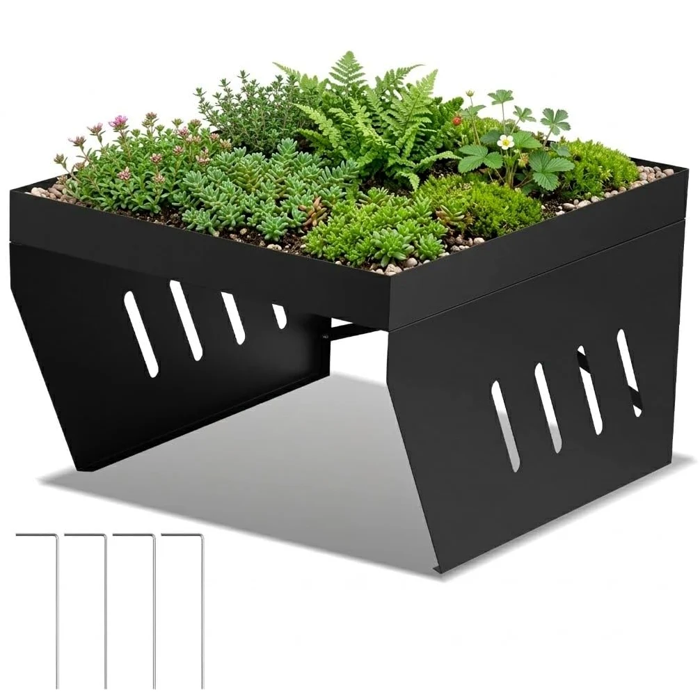 Garage pour robot tondeuse avec bac à plantes, toit en acier revêtu par pulvérisation pour robot à gazon, avec 4 ancrages au sol pour un maintien résistant aux tempêtes, protection contre la