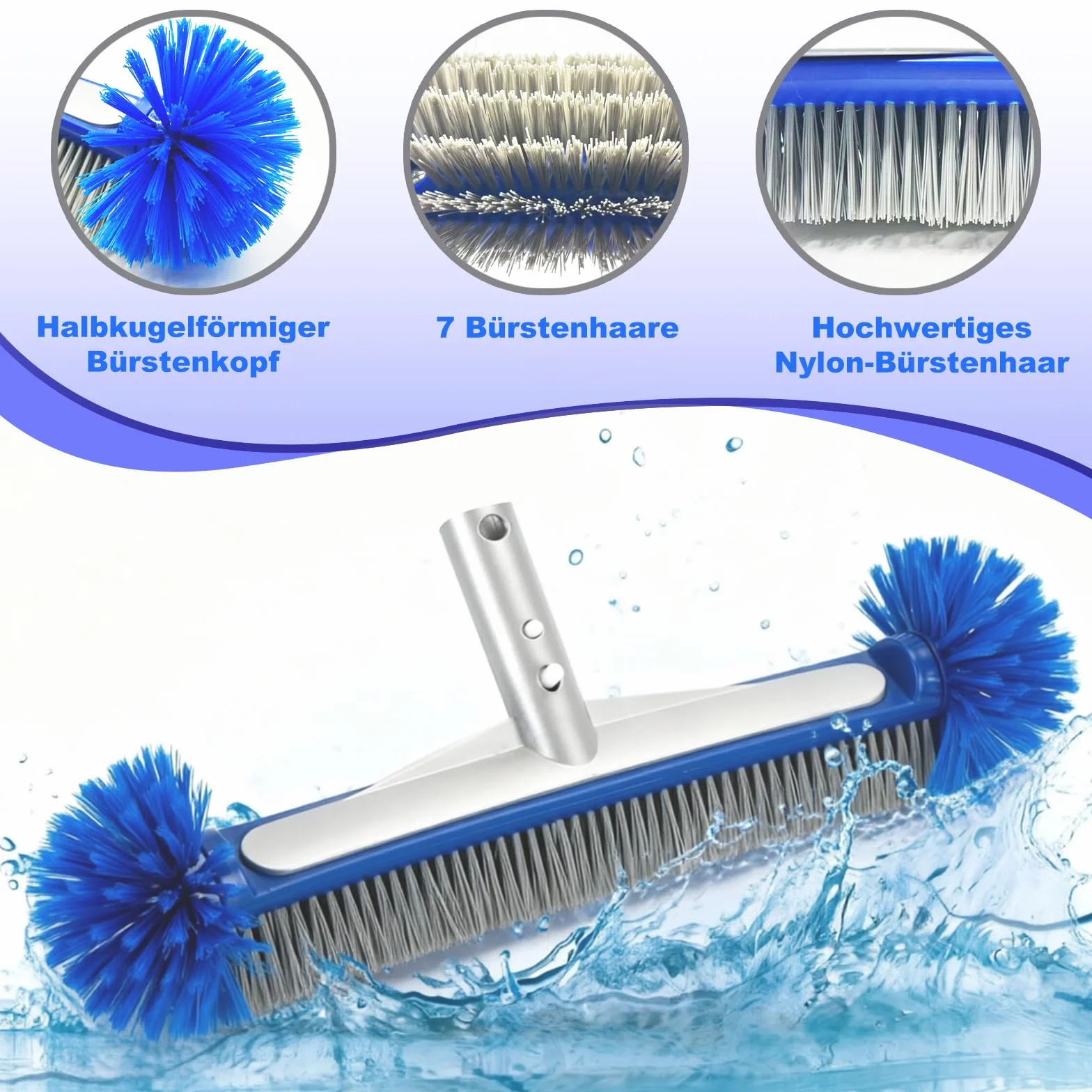 Brosse Piscine Ronde Nettoyage avec Tige Télescopique Tête Détachable Poils Robustes Fond Parois