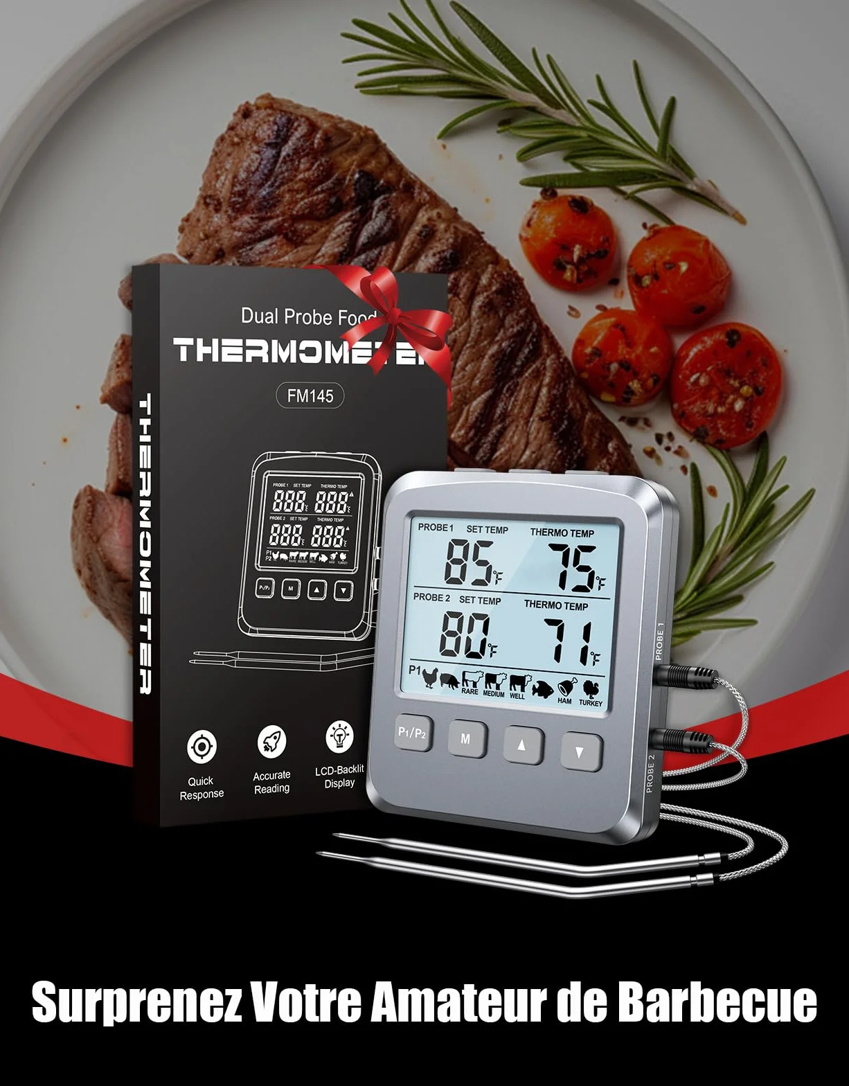 Thermomètre Cuisine Numérique Double Sonde avec Grand Écran LCD, Alarme et Lecture Rapide