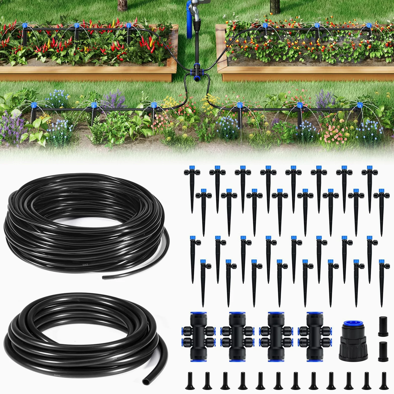 HIRALIY Système d'arrosage de jardin de 60 m, kits d'irrigation goutte à goutte pour plantes, nouveau connecteur rapide, tube de distribution vierge, équipement d'irrigation automatique pour terrasse