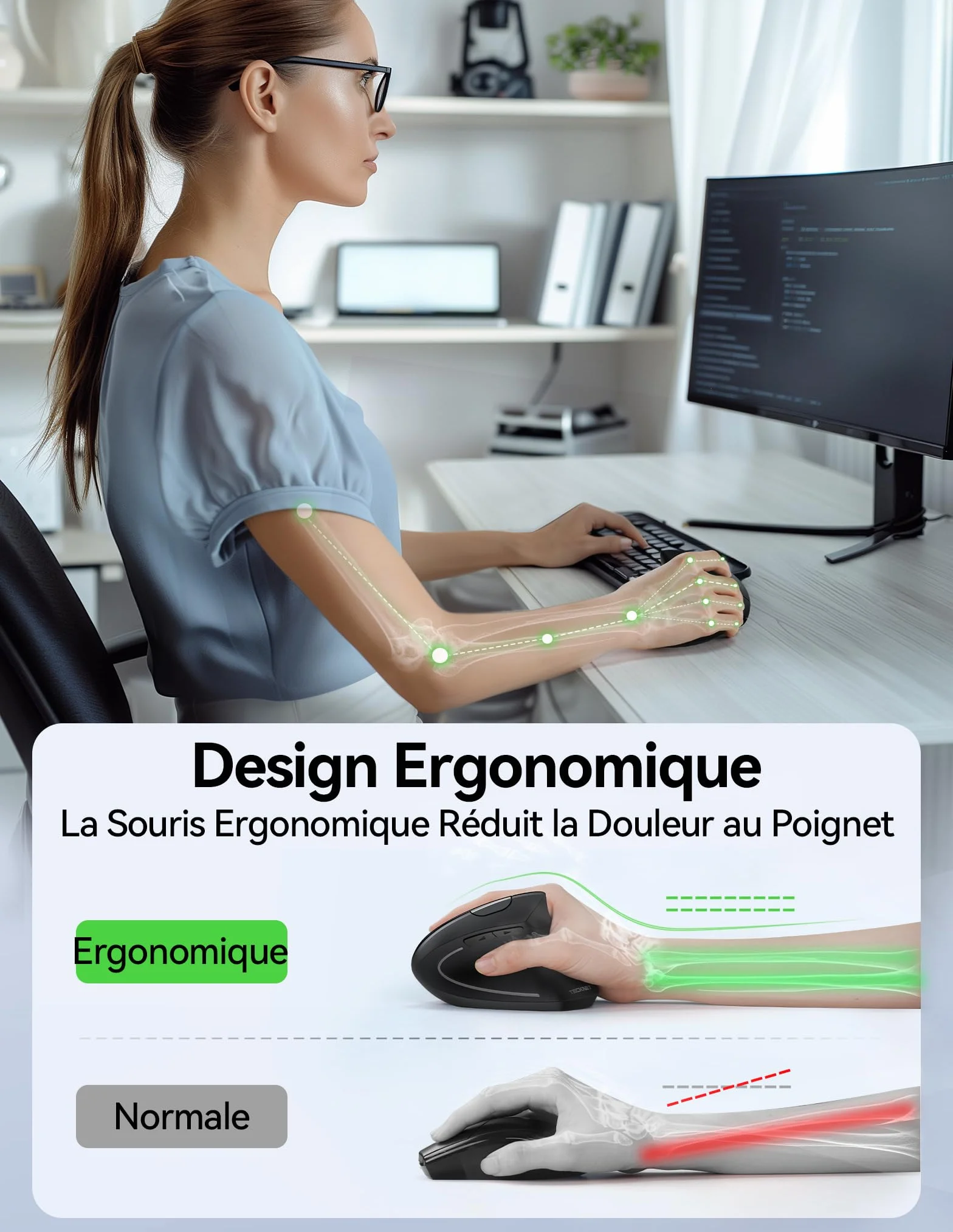 TECKNET Souris Ergonomique sans Fil Rechargeable 4800 DPI Réglable Silencieuse 2.4G 6 Boutons LED Noir