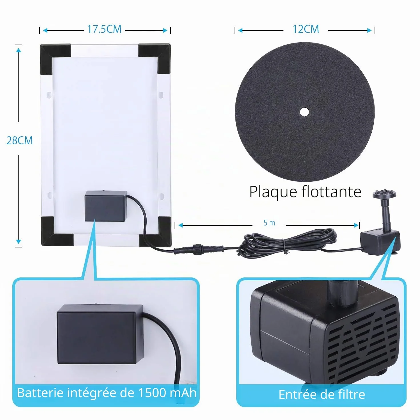 AISITIN Fontaine Solaire Flottante 5,5 W avec Batterie | Pompe pour Bassin Jardin Aquarium Bain d'Oiseaux et Étang Extérieur