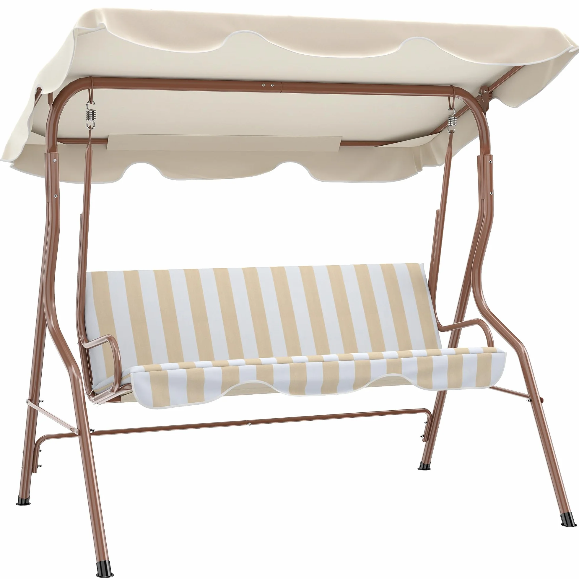 Outsunny Balancelle de Jardin 3 Places Toit imperméabilisé Inclinaison réglable Acier Polyester Marron crème rayé