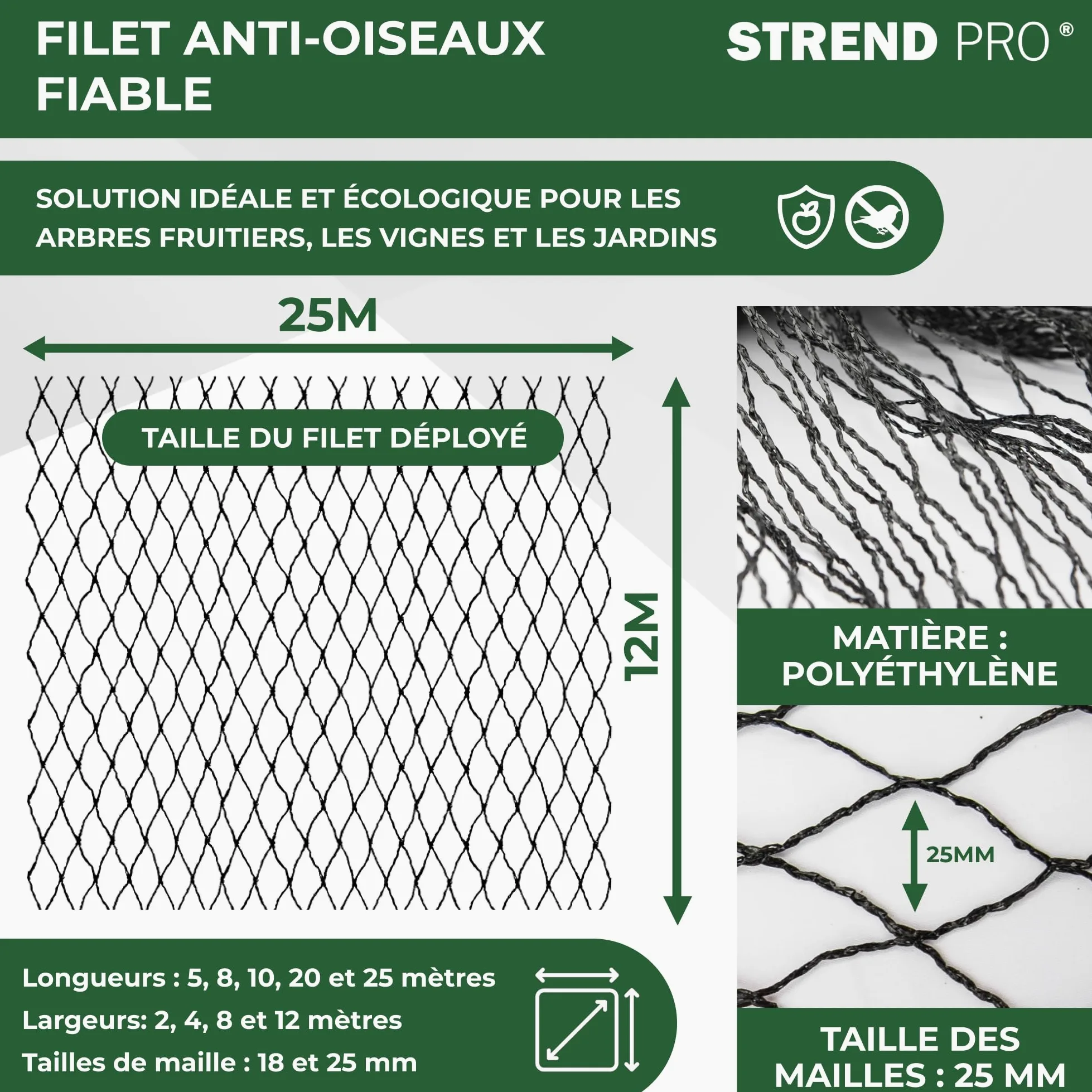 STREND PRO Filet Anti-Oiseaux 12mx25m 25x25mm À Mailles Fines | Protection Étang | Protection Fruits Et Potager | Filet De Jardin | Protection des Plantes | Protection Vigne Et Baies | PE