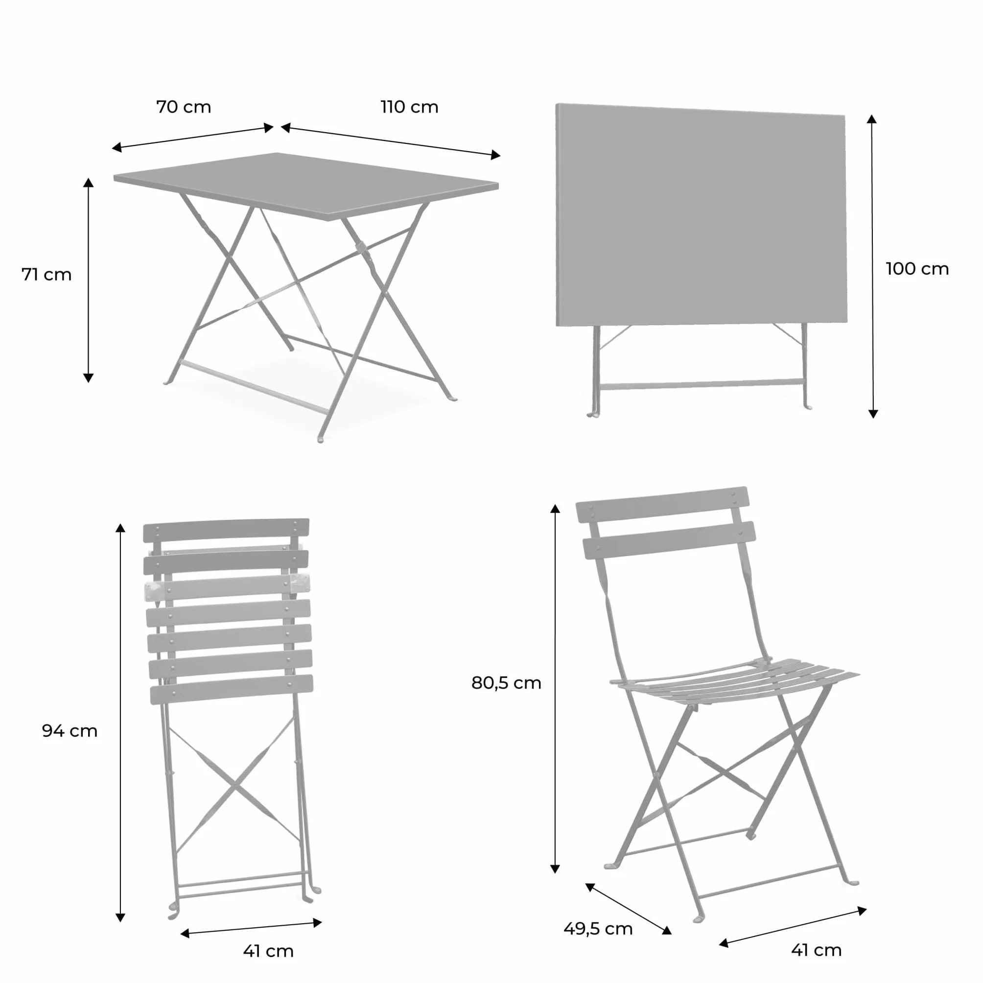 Table de Jardin Bistrot Pliante Métal 110x70cm + 4 Chaises Pliantes Acier Thermolaqué
