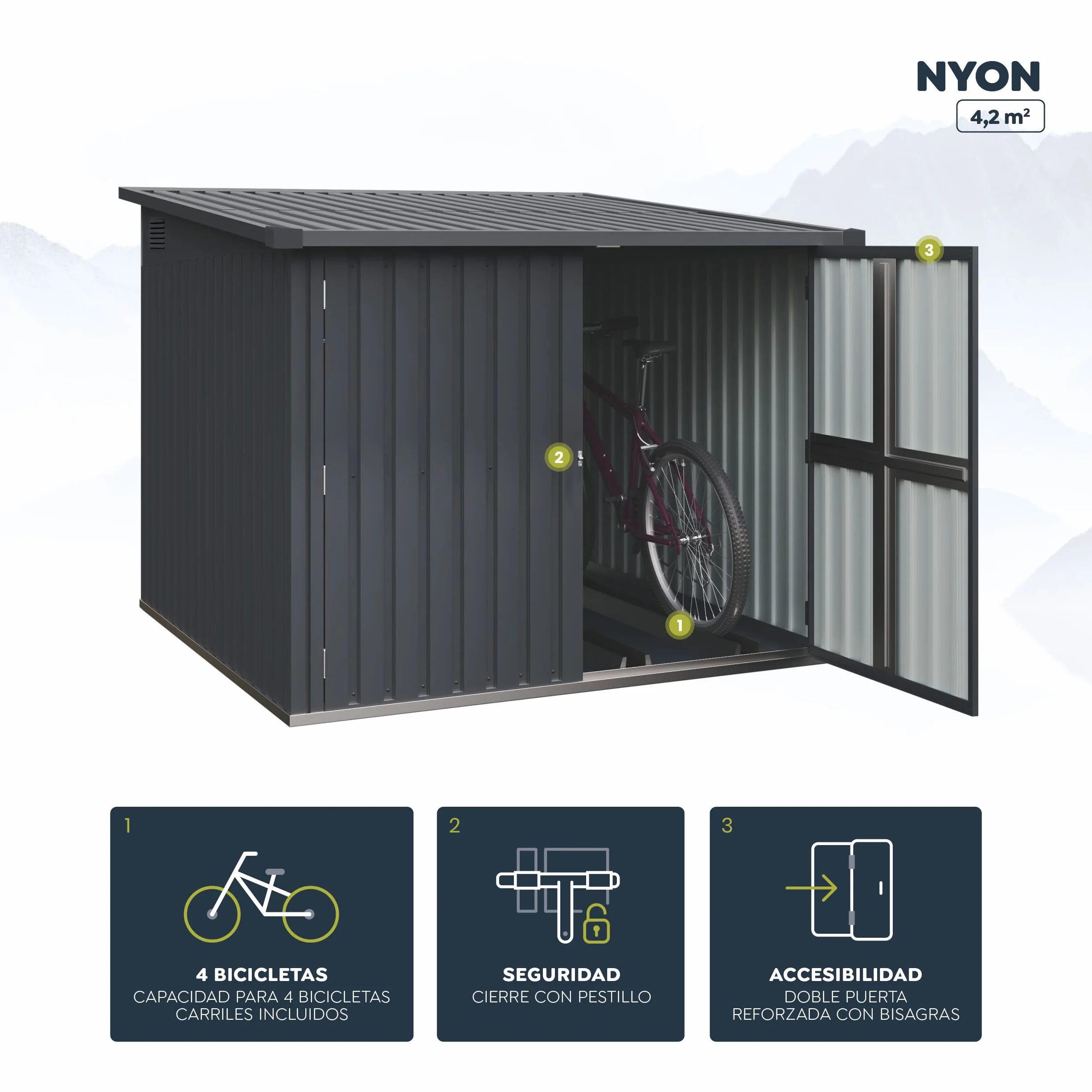 Armoire 4 vélos Nyon 204x206x163cm Placard Jardin 4,2 m2