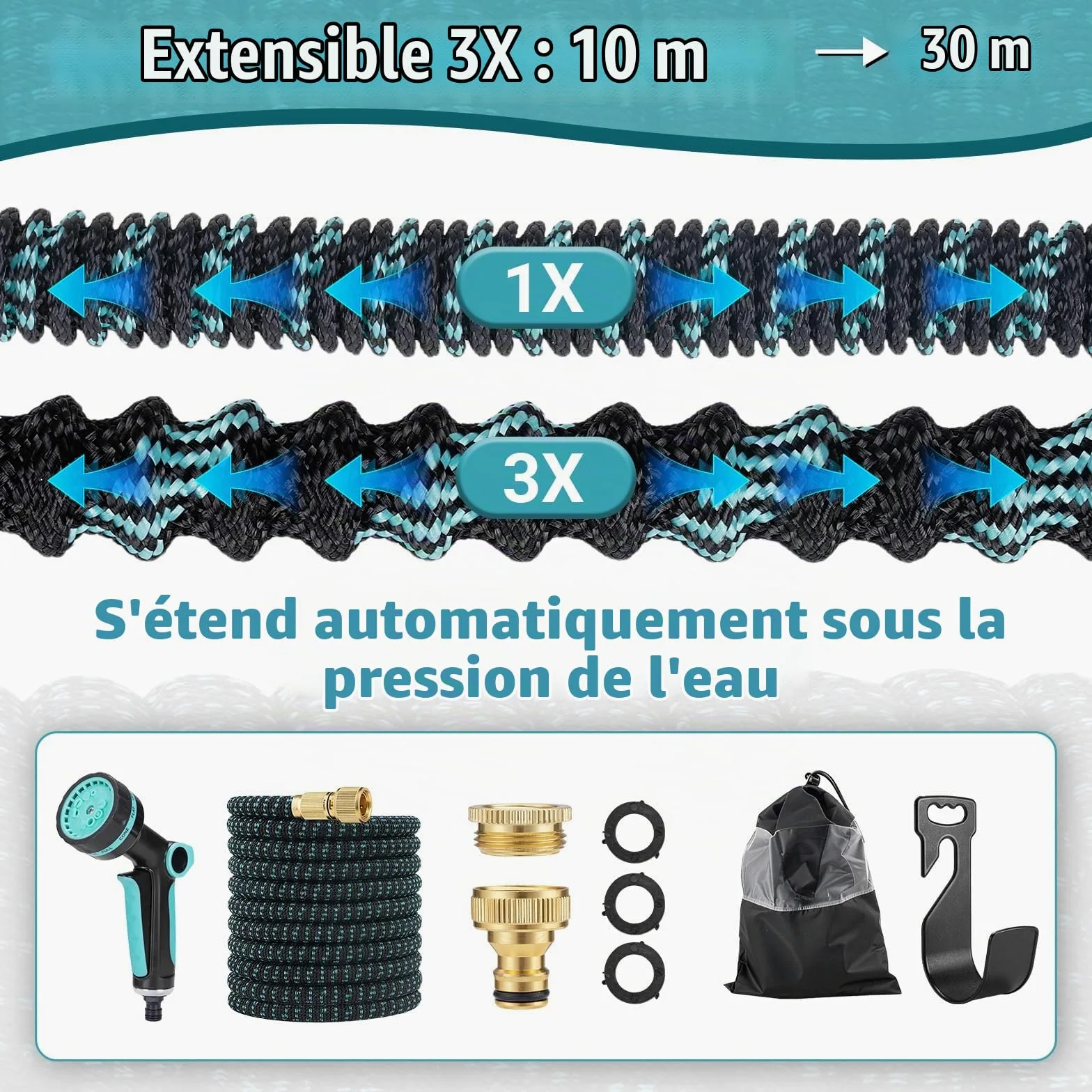 Tuyau d’Arrosage, Extensible 30m Tuyau Arrosage Flexible avec 10 Modes de Pulvérisation, Adaptateurs 1/2" et 3/4", Garden Hose pour Jardin Nettoyage Voiture