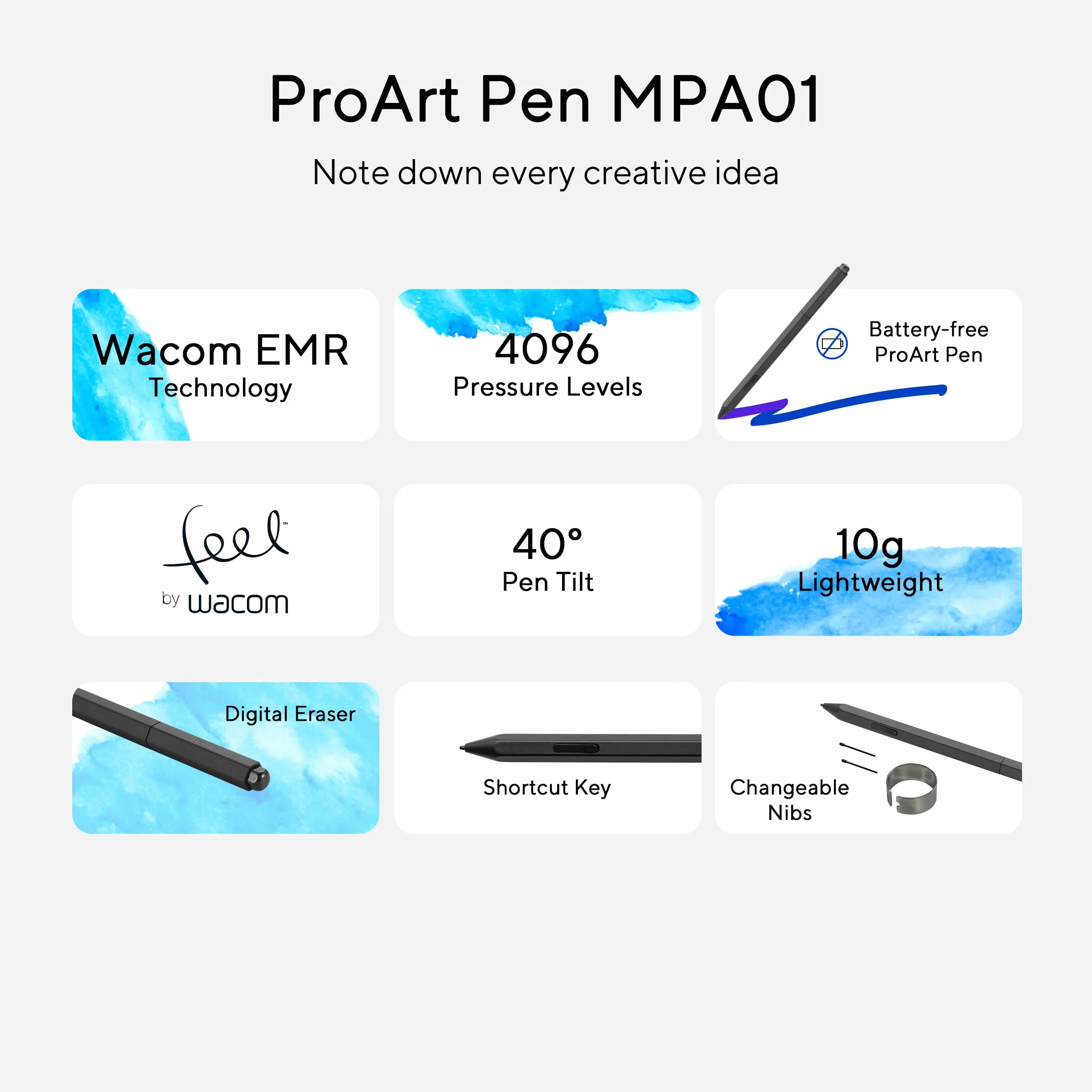 ASUS ProArt Pen MPA01 Stylet pour PA169CDV Technologie WACOM EMR 4096 Niveaux de Pression Inclinaison 40 degrés Gomme numérique