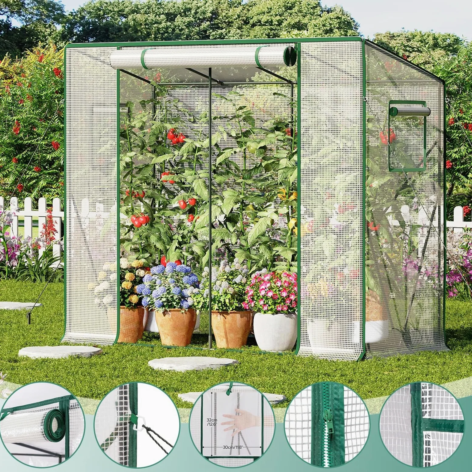 LARMNEE Serre de Jardin à Toit en Pente, Serre à Tomates Plastique, 200 x 77,5 x 170 cm, Abri Potager pour Plantes, avec Porte Enroulable, Anti-UV, pour Balcon, Jardin, Blanc EWT30GH02G3