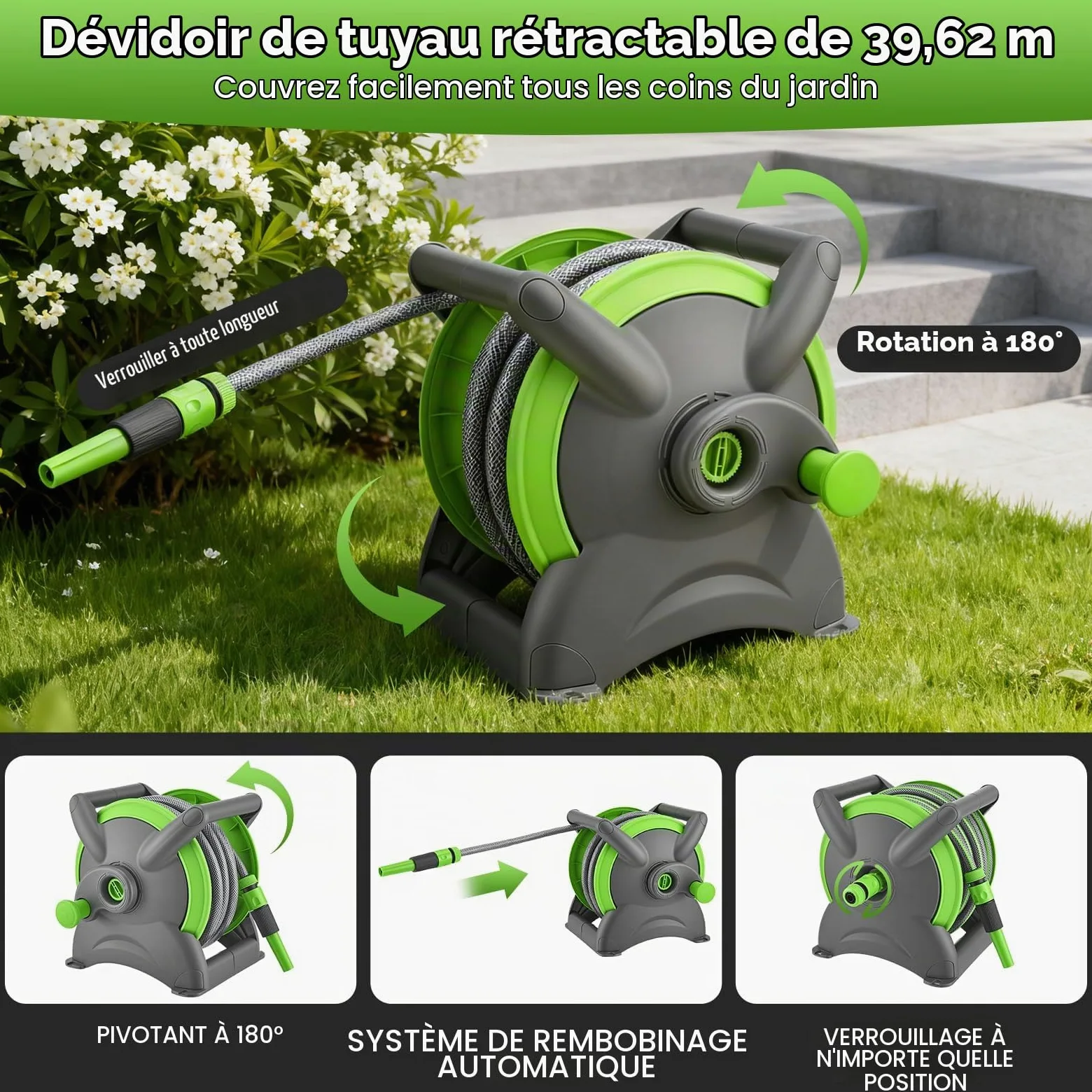 Enrouleur de Tuyau d'arrosage pour Jardin 20M, Tuyau Arrosage avec Enrouleur Mural, avec Support+Poignée-Dévidoir pour Tuyau 180° Dévidoir de Tuyaux d'Eau Buse pour Arroser Pelouse Jardin