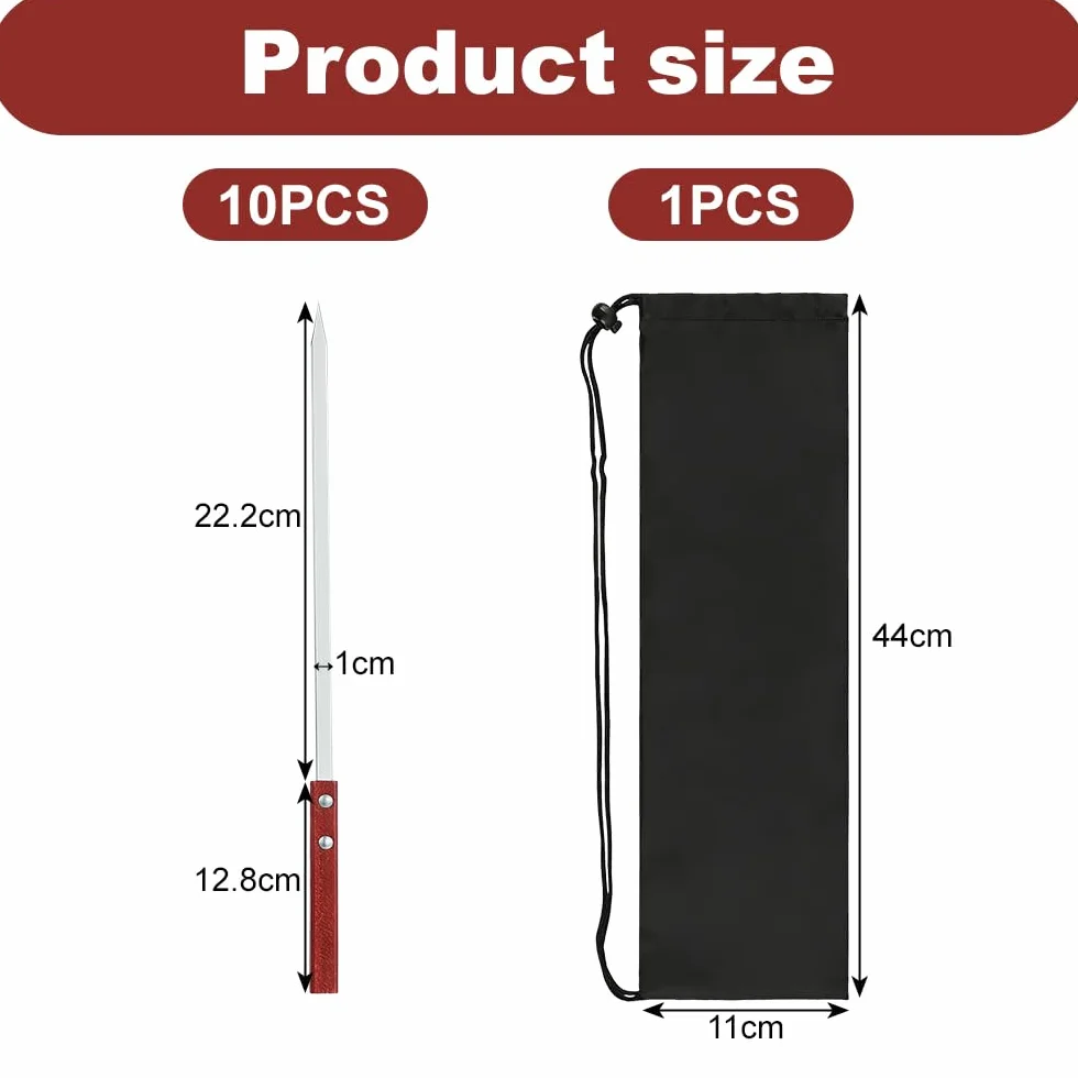 Brochette Inox 35cm Pic à Brochette avec Manche en Bois Réutilisable Résistante à la Chaleur Barbecue 10 Pièces