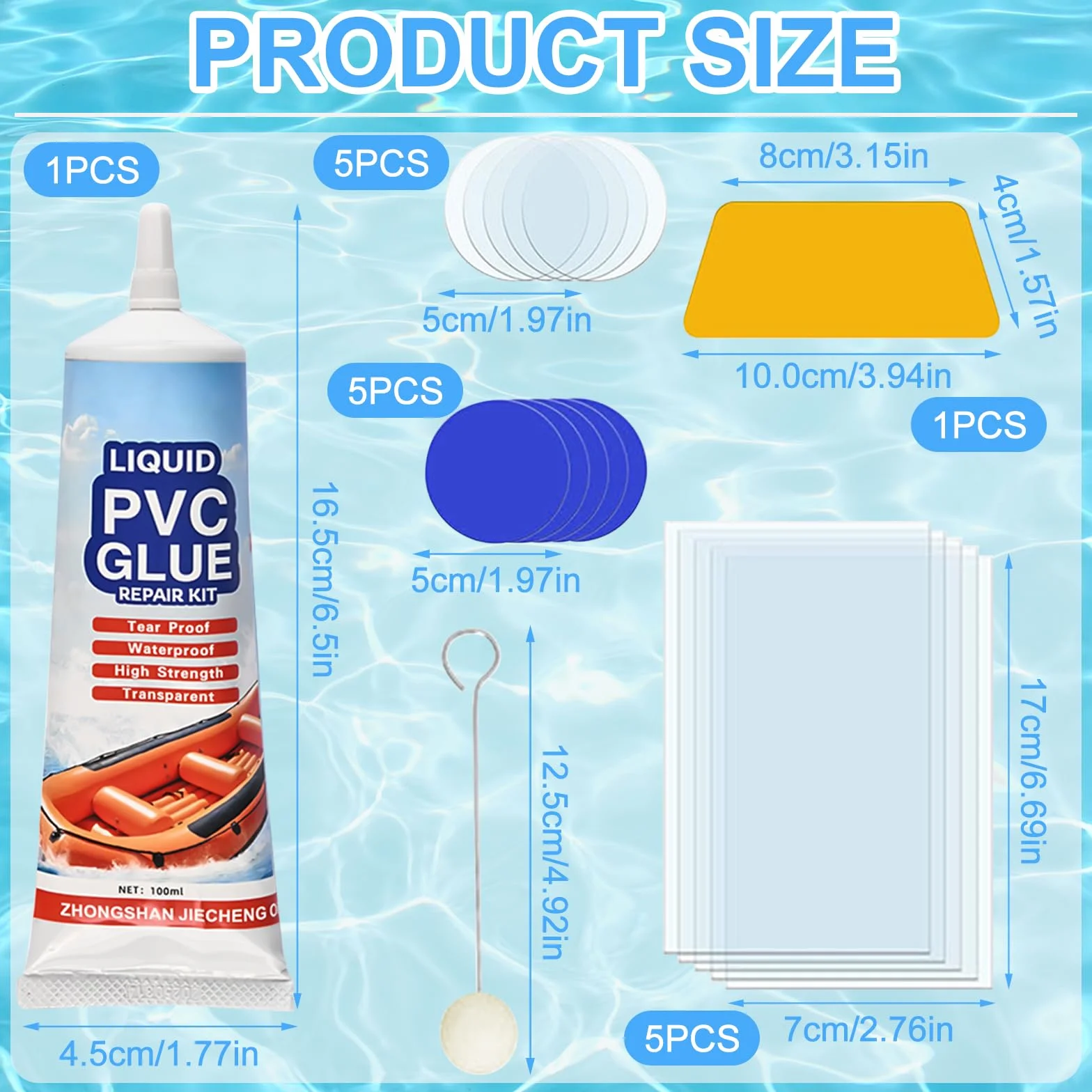 Kit de Réparation Piscine 100ML, Rustine Imperméable avec 15 Patchs & Accessoires, Colle PVC
