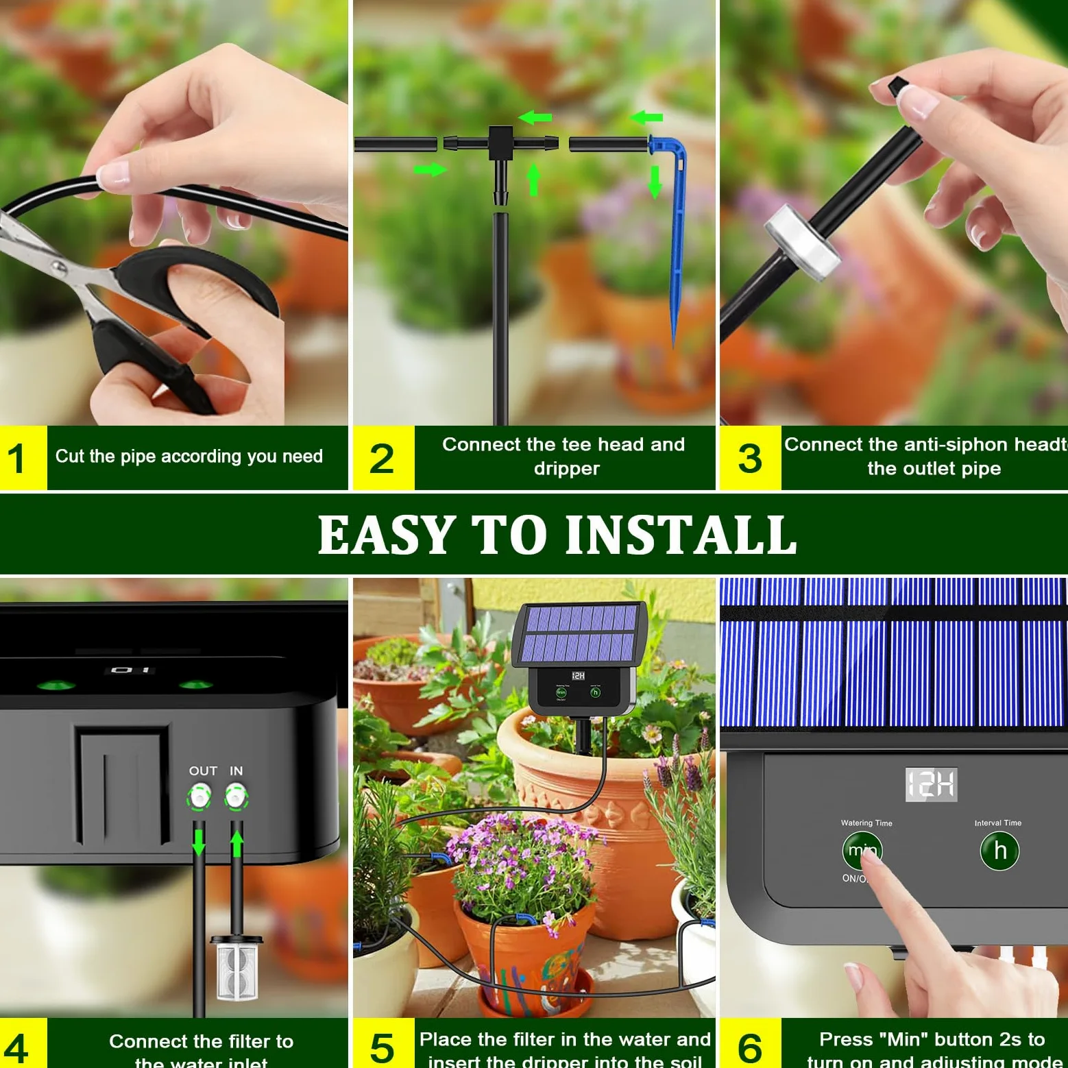Kit de système d'irrigation goutte à goutte solaire, système d'arrosage automatique avec 30 modes de fonctionnement et 10 intervalles d'arrosage prend en charge 15 plantes en pot, kit d'irrigation