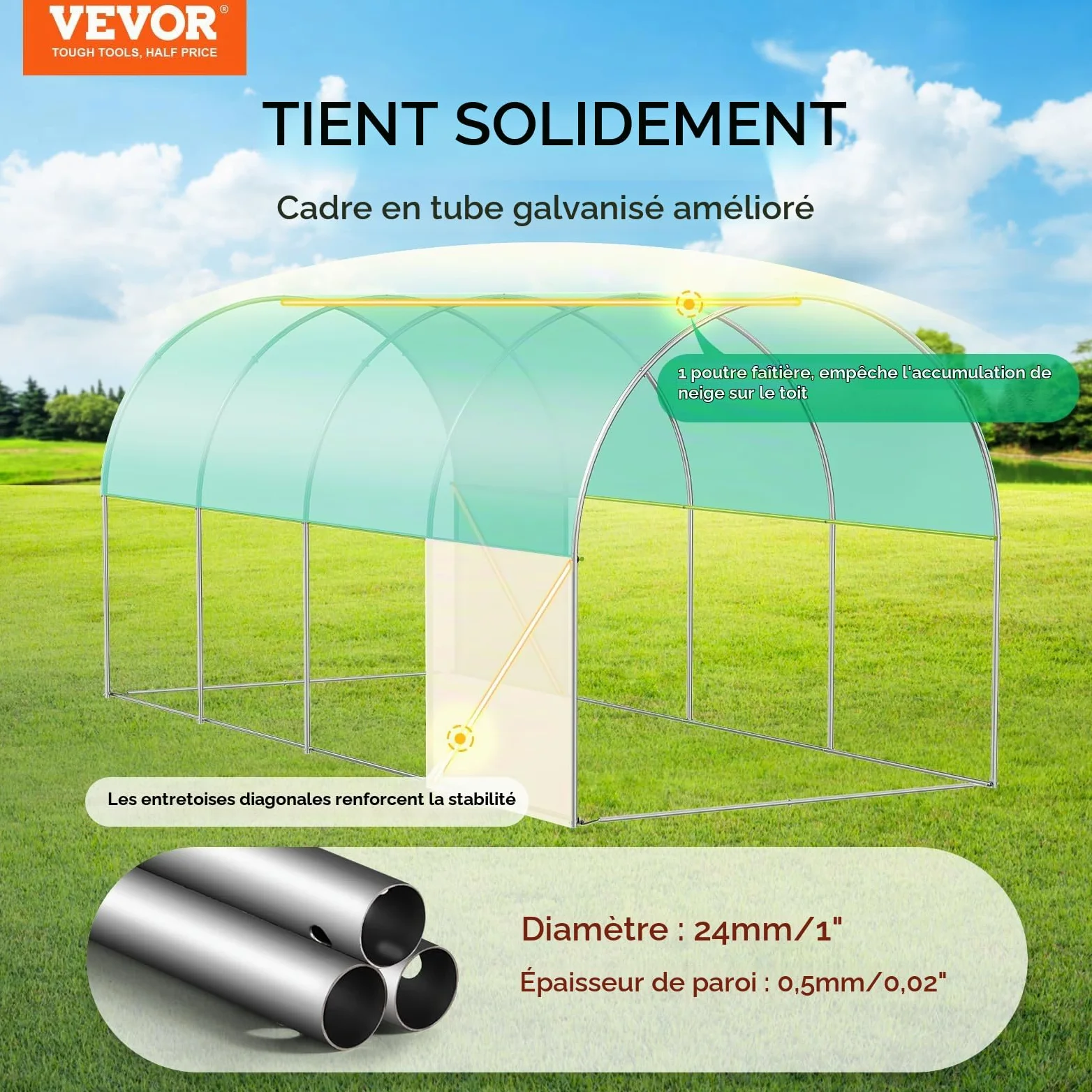 VEVOR Serre Tunnel Jardin, 445x194x192 cm, Tente Abri Plantes avec Cadre en Acier Galvanisé, Couverture en PE Verte, Porte à Glissière Enroulable, 8 Fenêtres, pour Extérieur Cultiver Légumes Fleurs