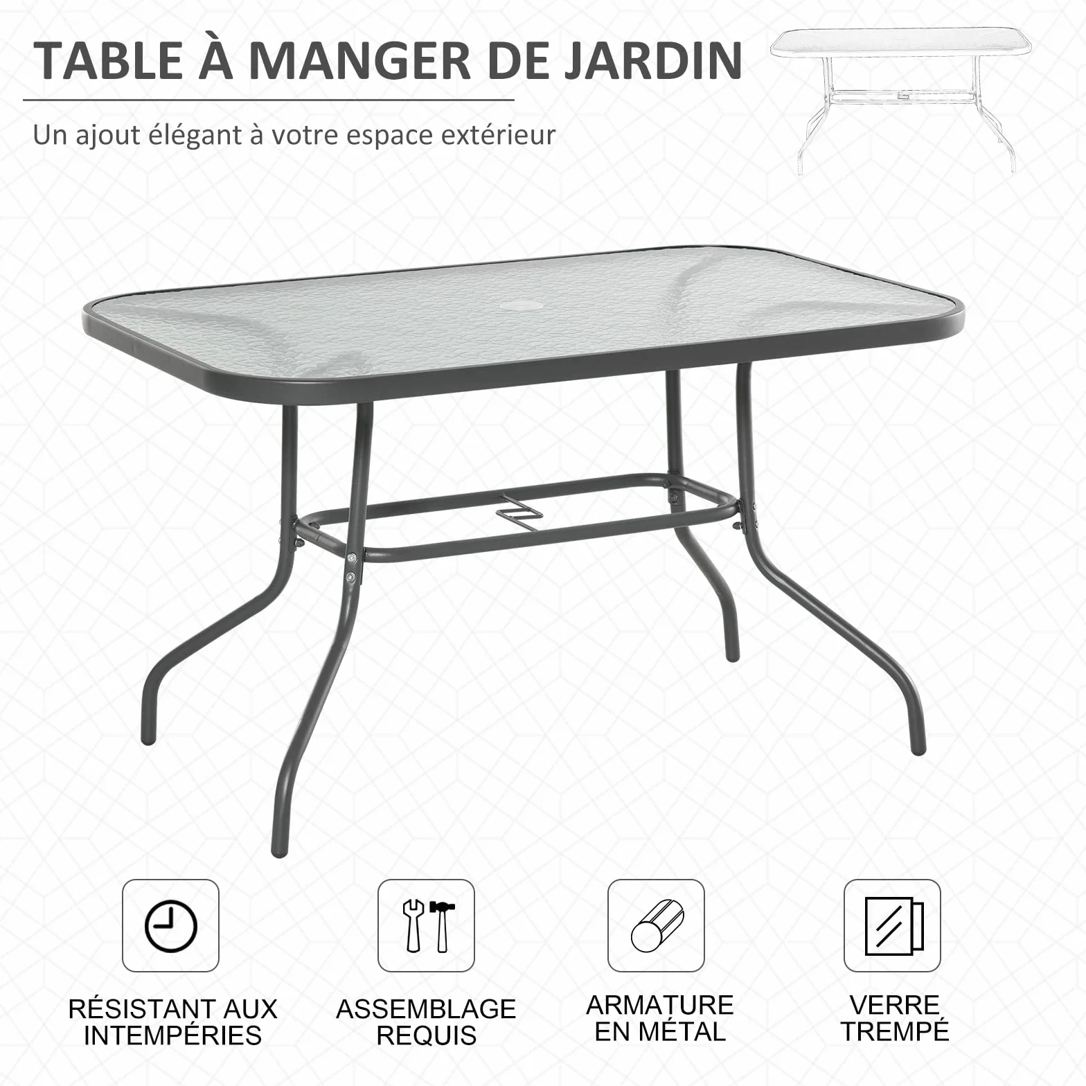 Outsunny Table de Jardin rectangulaire 120x80x70 cm métal époxy Gris Verre trempé