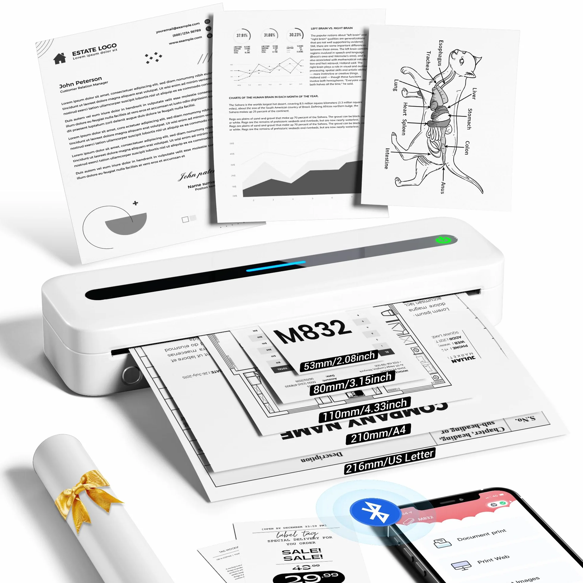 Imprimante Thermique Portable A4 Bluetooth sans Encre, Thermique Compacte Support Papier A4