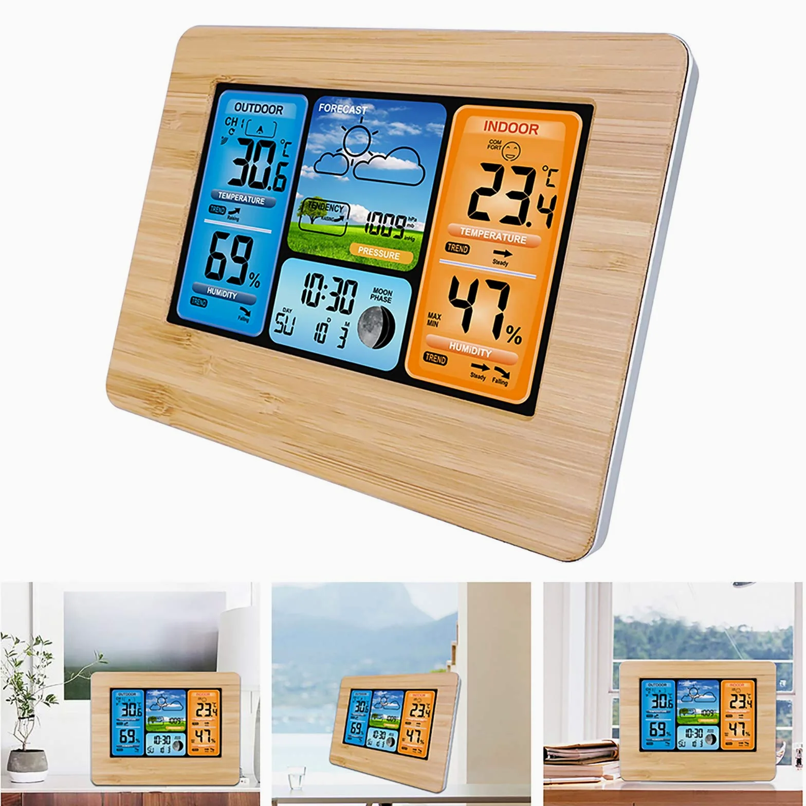 ALLOMN Stations Météo Sans Fil avec Capteur Intérieur Extérieur, Station Météo Numérique LCD avec Alerte/Température/Humidité/Barométrique/Prévisions/Réveil pour Maison Bureau Jardin (RF Jaune)