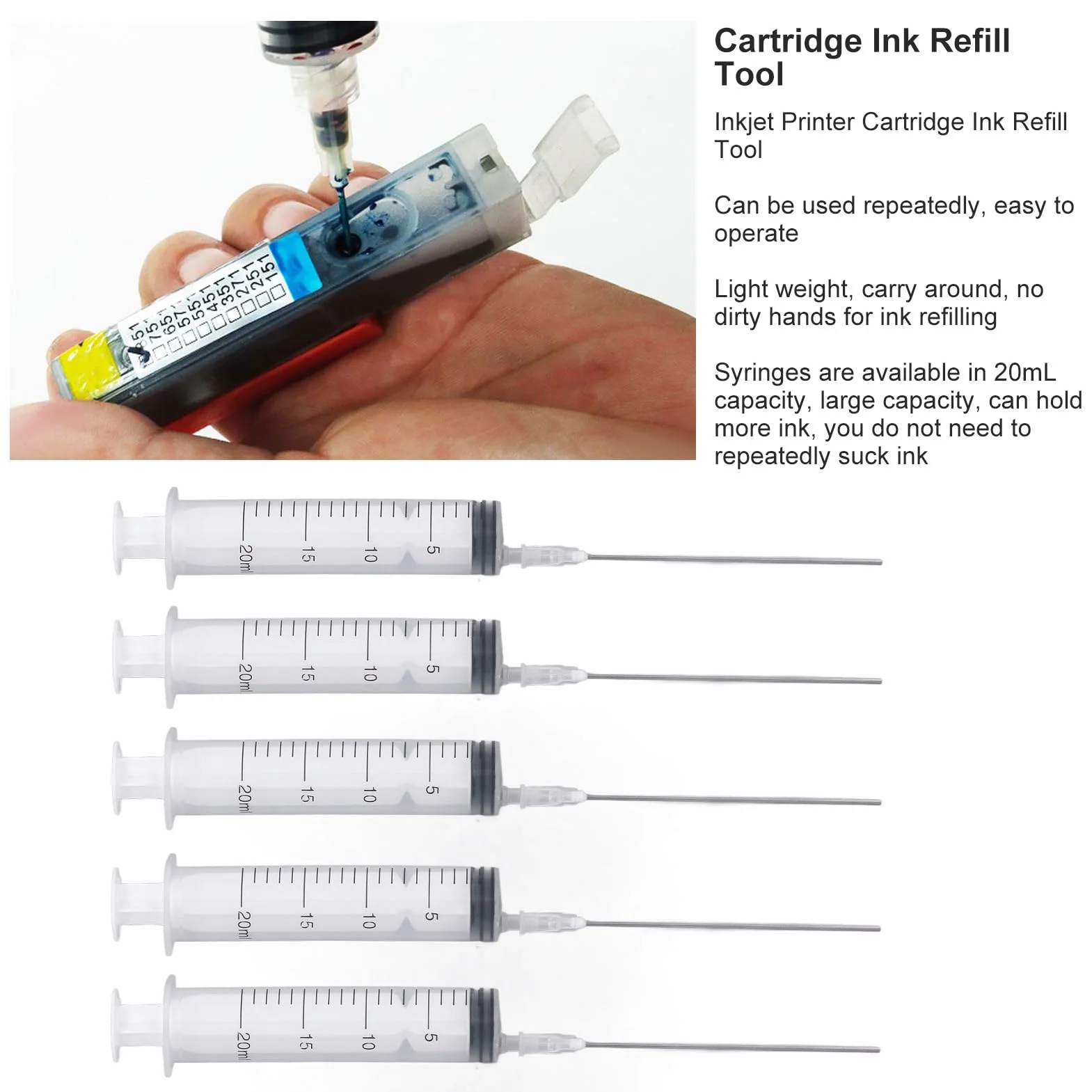 Vikye Imprimantes D'injection D'encre Seringue 20 Ml avec Aiguille Plate 10 Cm pour PP et Acier Inoxydable