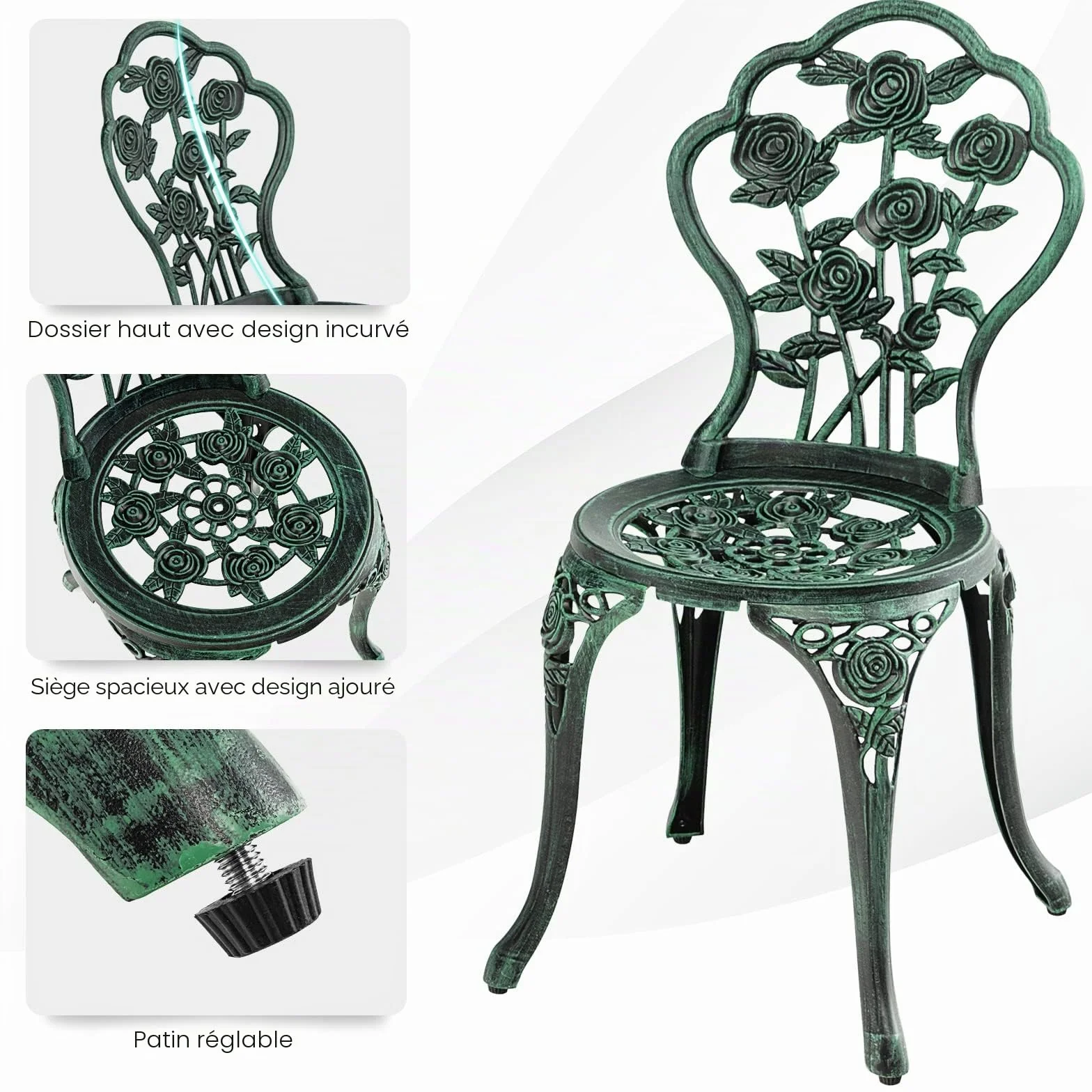 Salon de Jardin 2 Personnes Fonte Aluminium Table Extérieure avec 2 Chaises Trou Parasol Motif Rose Vert