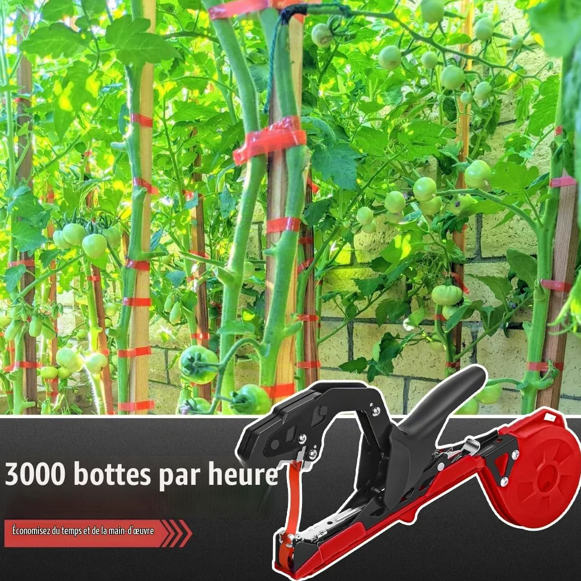 Machine à Nouer Les Plantes Professionnelle Attacheuse Rapide pour Tomates, Vignes, Concombres, Fleurs et Légumes – Idéale pour Jardiniers, avec Ruban et Agrafes Inclus, Rouge/Noir