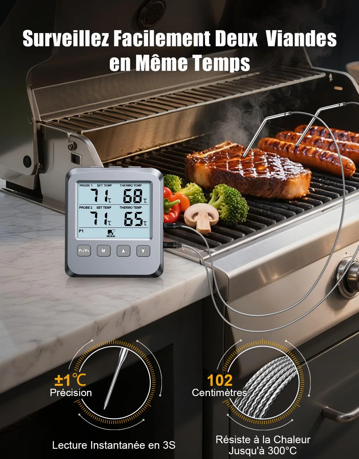 Thermomètre Cuisine Numérique Double Sonde avec Grand Écran LCD, Alarme et Lecture Rapide