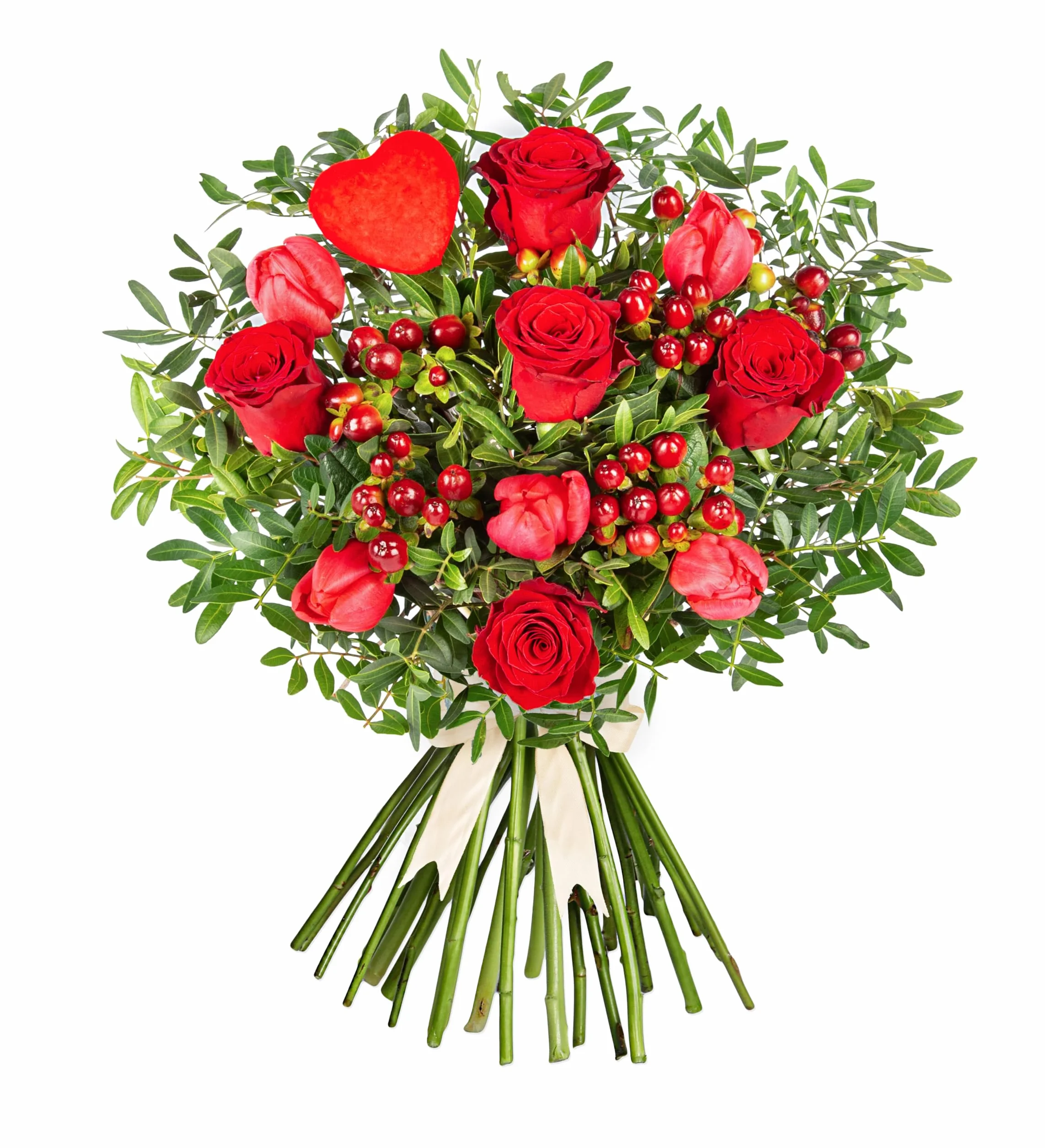 Bouquet de Saint-Valentin J'adore Roses rouges tulipes éclatantes baies rouges verdure