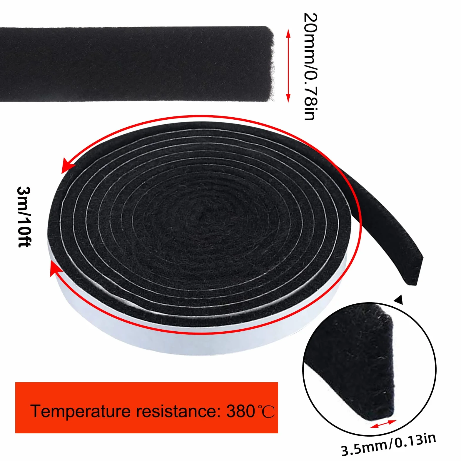 Joint de Fumoir Haute Température Auto-Adhésif en Feutre Ignifuge pour Couvercle de Barbecue 3/4" x 1/8" 10 Pieds
