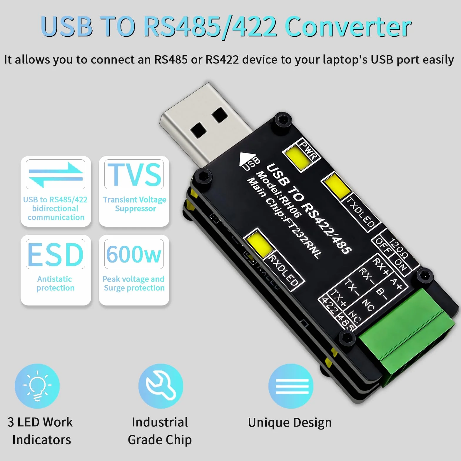 Adaptateur Convertisseur USB vers RS485/RS422 FT232RNL Triple Protection Multi-OS