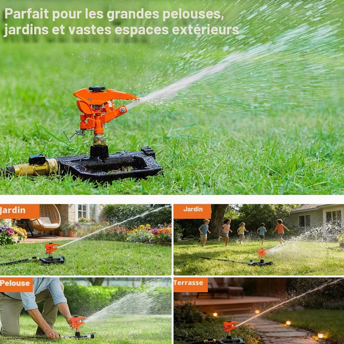 FANHAO Arroseur de Jardin à Impact pulsé Haute avec Base 100% métal, arroseurs de pelouse rotatifs à 360 degrés, pour l’arrosage Automatique du Jardin et de la pelouse. Couverture Jusqu’à 540 m²