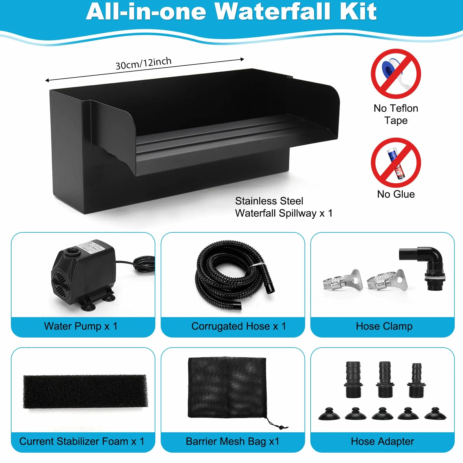 Cascade Bassin Exterieur 30CM Acier Inoxydable Pompe 45W 3000 L/H Kit Jardin