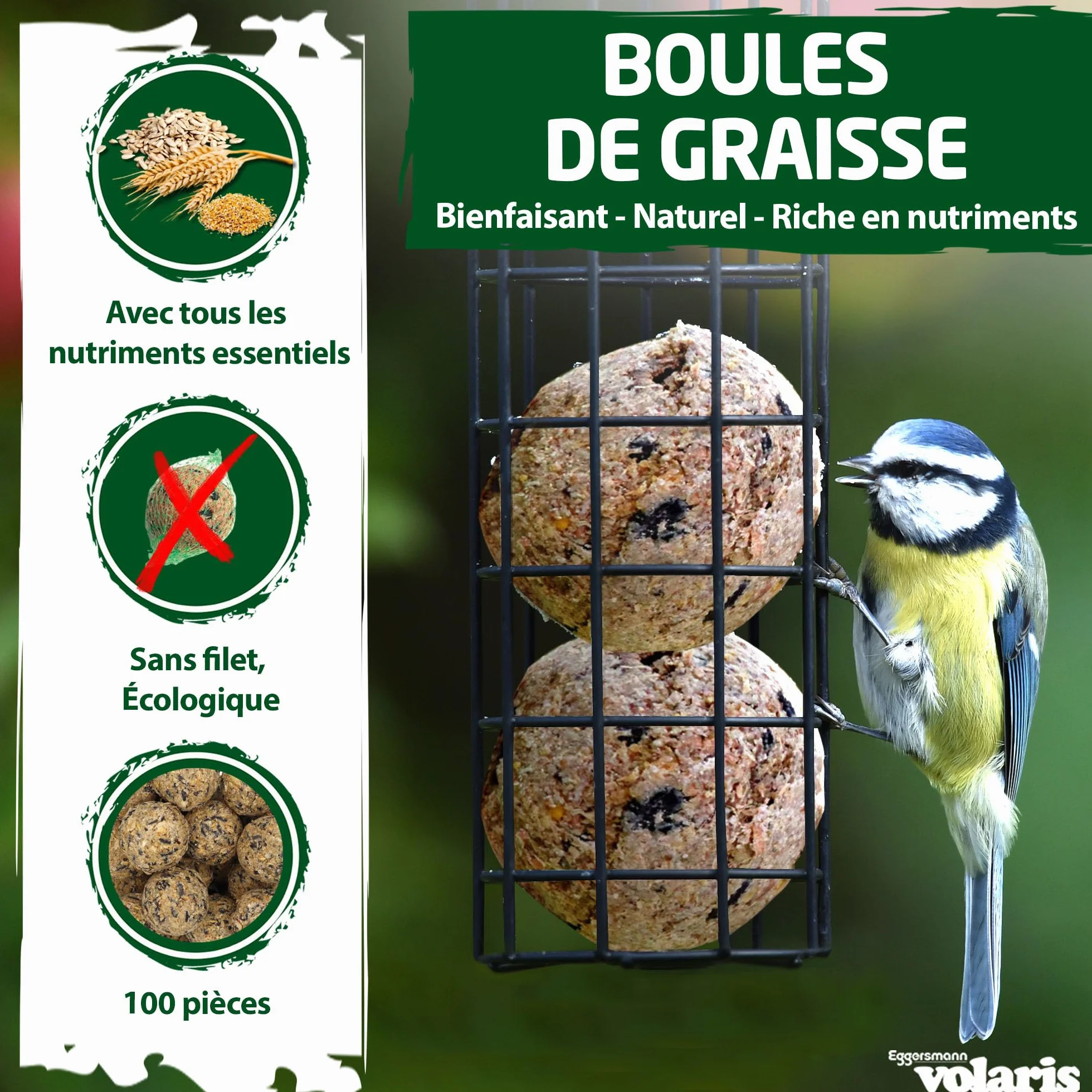Eggersmann Volaris Lot de 100 boules de graisse sans filet 9 kg Nourriture pour oiseaux sauvages