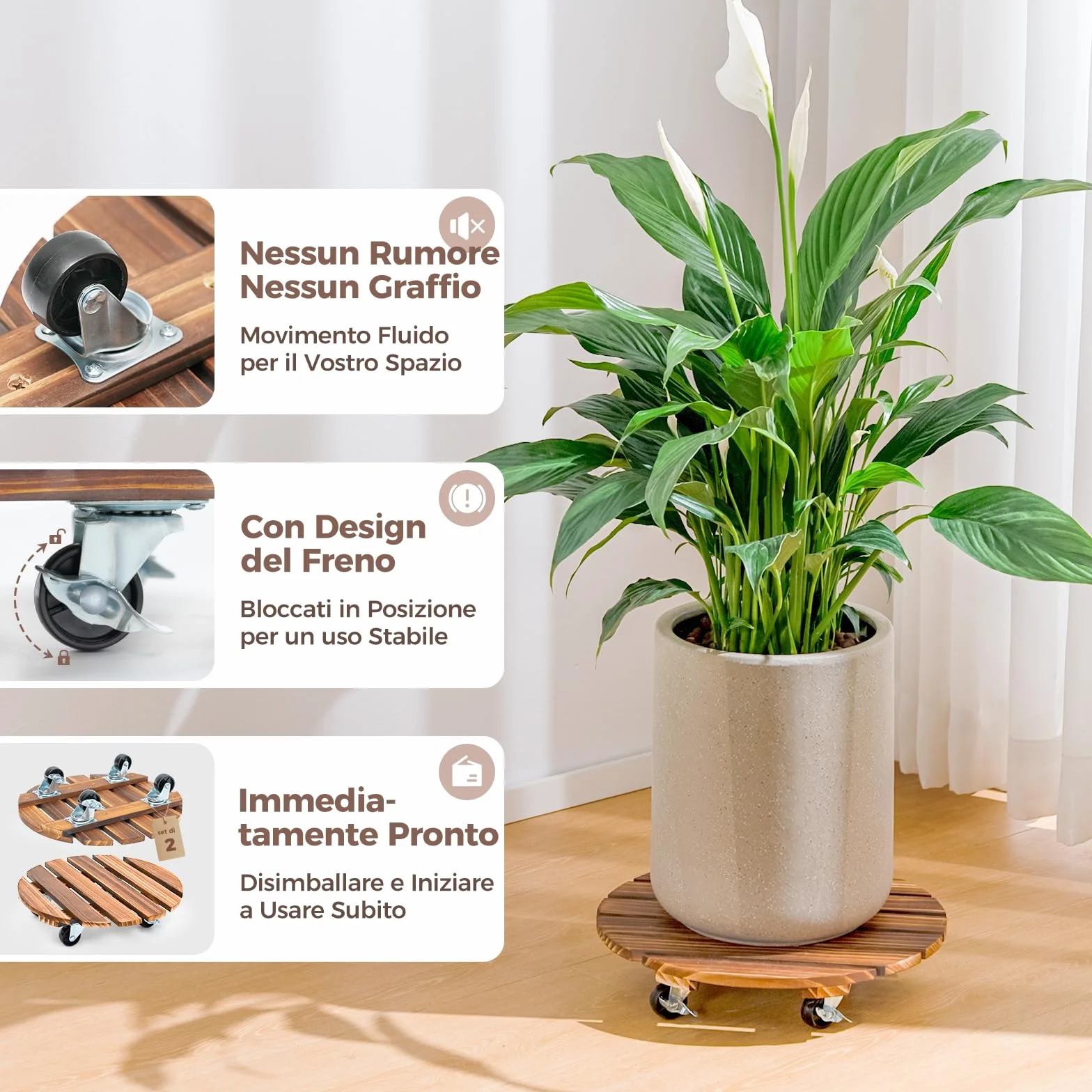 Bamworld Lot de 2 paniers à plantes en bois 35,6 cm avec roulettes – Chariot robuste 108,9 kg roues verrouillables 360°