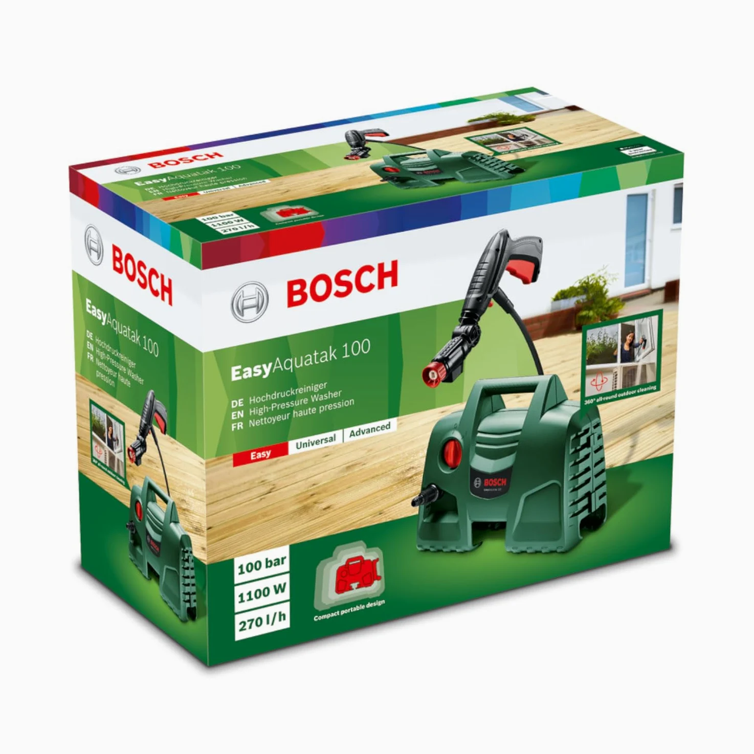 Bosch Nettoyeur Haute-Pression EasyAquatak 100 | Buse à 360° avec réservoir de détergent, câble de 5 m, tuyau de 3 m, carton, 1100 W, pression 100 bar, max. Débit : 270 l/h