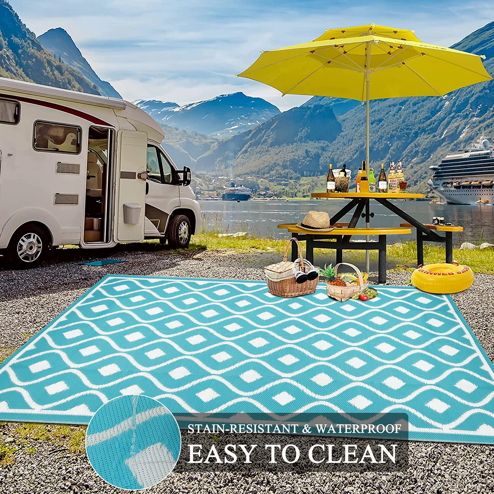 Pauwer Tapis d'extérieur pour patios - 1,8 x 2,7 m - En plastique imperméable - Réversible - Pour camping-car, terrasse, porche, jardin, terrasse, camping