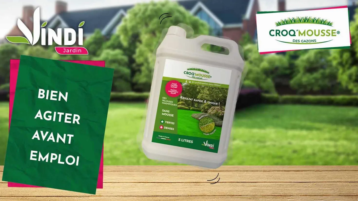 VINDI JARDIN - CROQ'MOUSSE des gazons – Engrais liquide organo-minéral 3 en 1 – Pelouse « sans mousse/+verte/+dense » - bidon 5L – Traitement pour 500m2 – Fabrication Française.