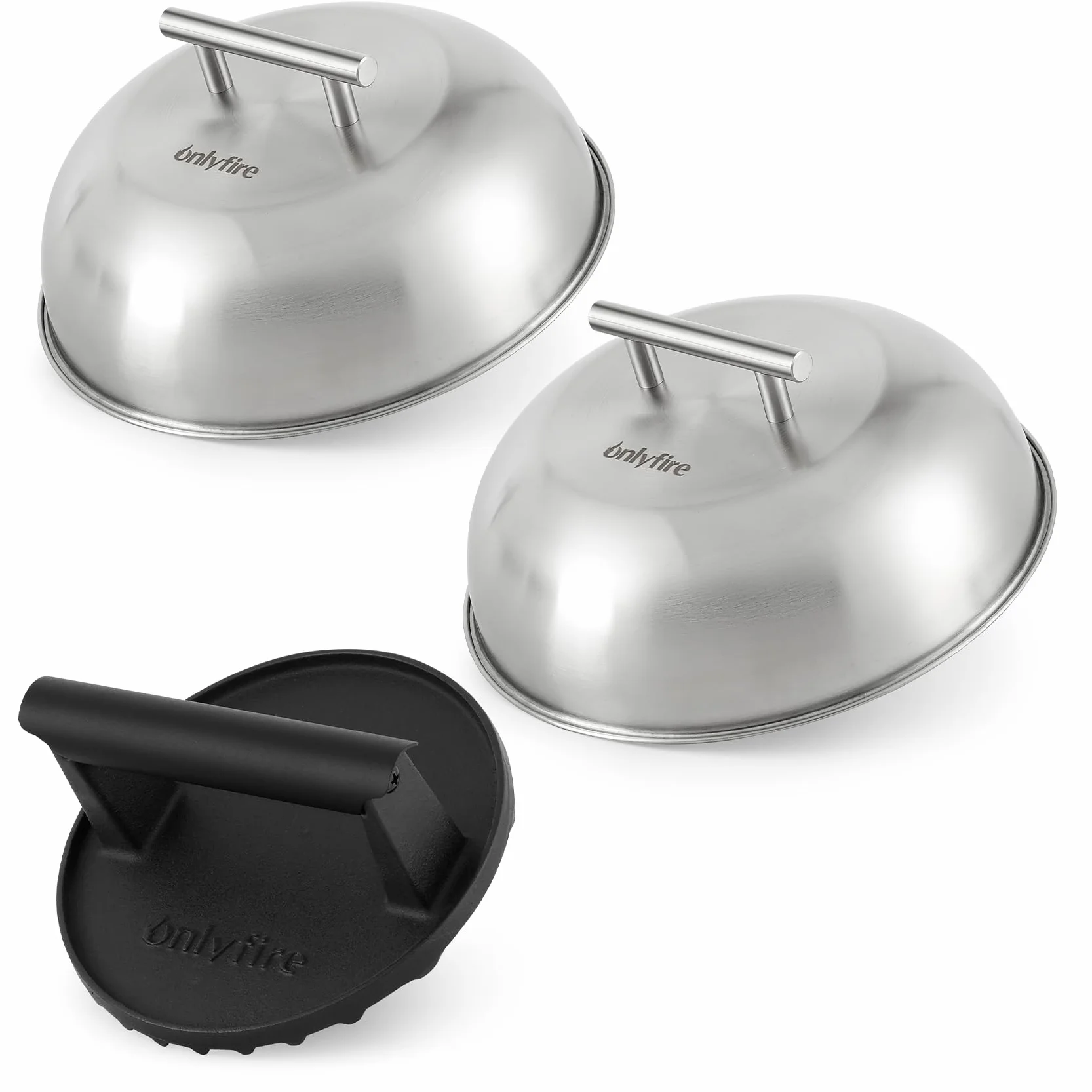 Onlyfire Set Smash Burger 3 Pièces, Presse à Burger Fonte et 2 Cloches Cuisson Acier Inoxydable, Kit Plancha Barbecue