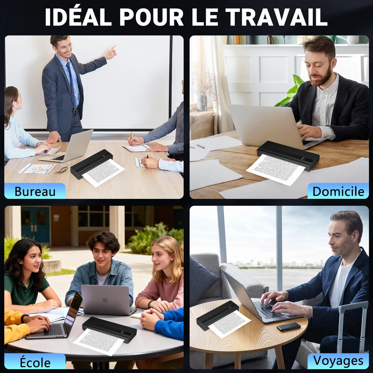 Imprimante Thermique A4 sans Fil Bluetooth Portable pour Voyage Compatible iOS Android Noir