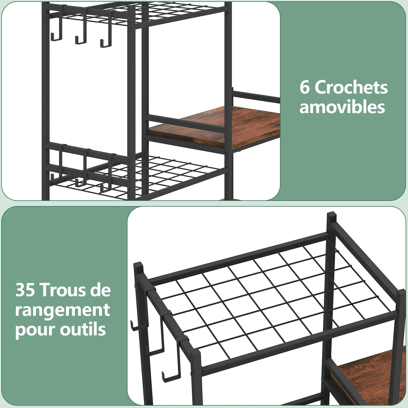 uyoyous Range outils de Jardin étagère à outils à 3 niveaux avec 6 crochets | organiseur d'outils de jardin pour stockage extérieur rangement grande capacité supprort de garage