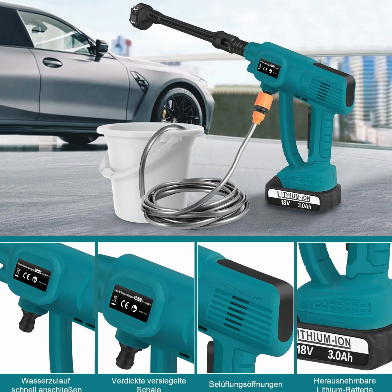 Nettoyeur haute pression sans fil avec buse multifonction 6 en 1, tuyau de 5 m et accessoires pour voiture, jardin, animaux de compagnie, douche, sol, toit